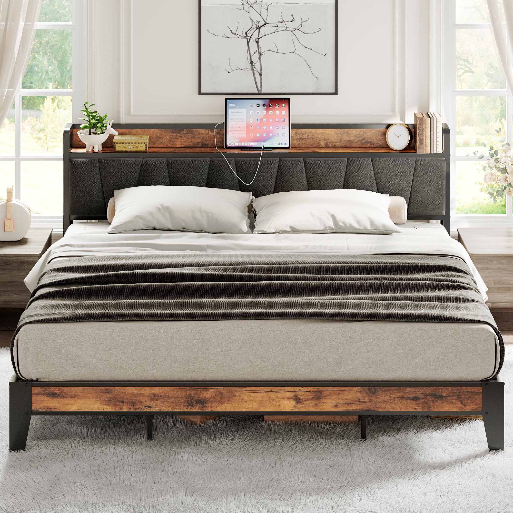 LIKIMIO King Size Bed Frame, Storage Headboard with Charging Station, Solid and Stable, Noise Free, No Box Spring Needed, Easy A