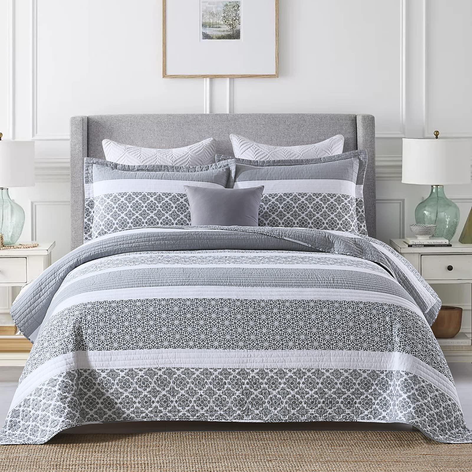 SahSahCasa Quilt Set, Queen Size, 100% Cotton Bedding Set, Reversible Lightweight Floral Patchwork Bedspread for Queen Bed, Blui