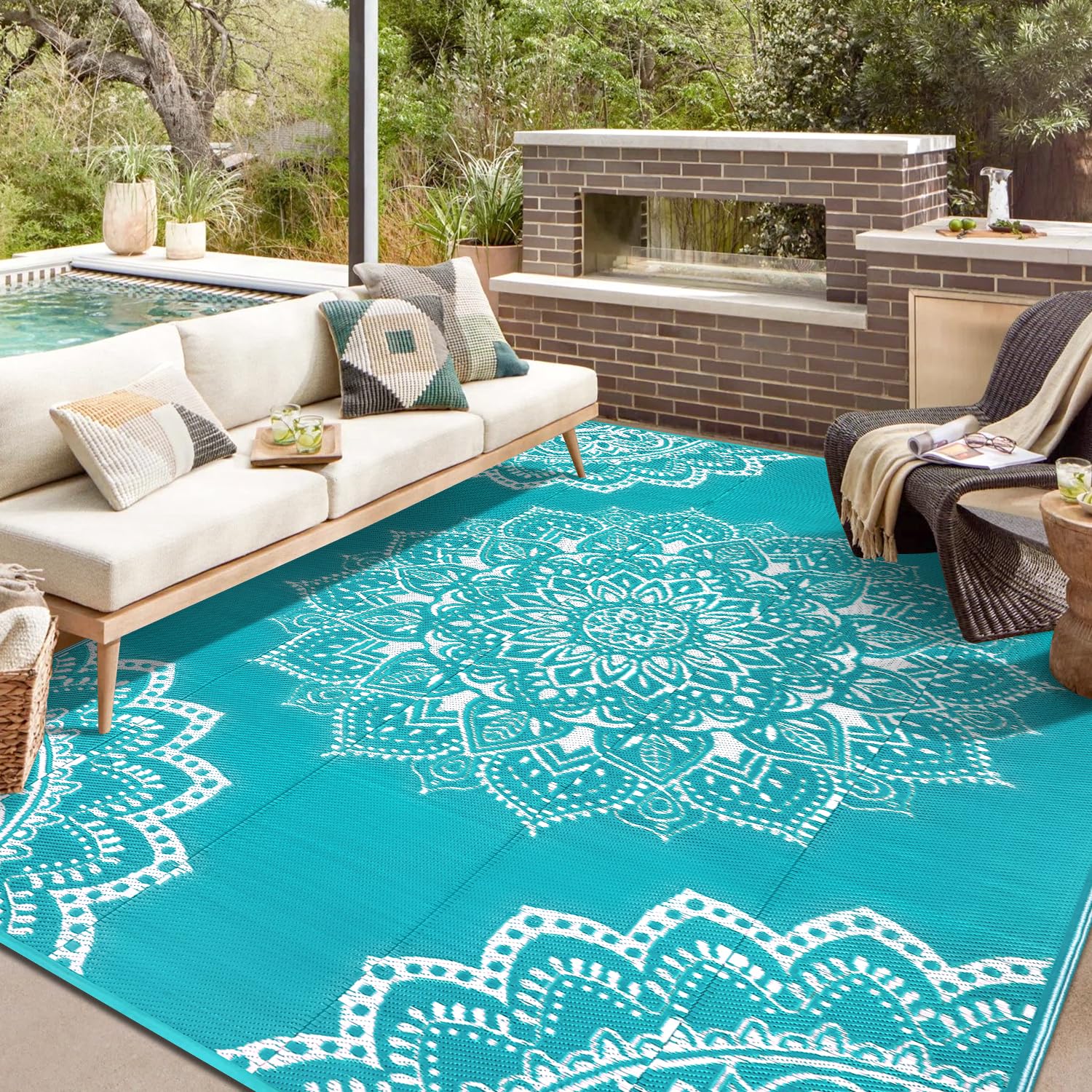 Yamaziot Waterproof Outdoor Rug 8x10 ft, Reversible Plastic Straw Rug for Patio Clearance, Camping, RV Mat, Large Outside Rug Ca