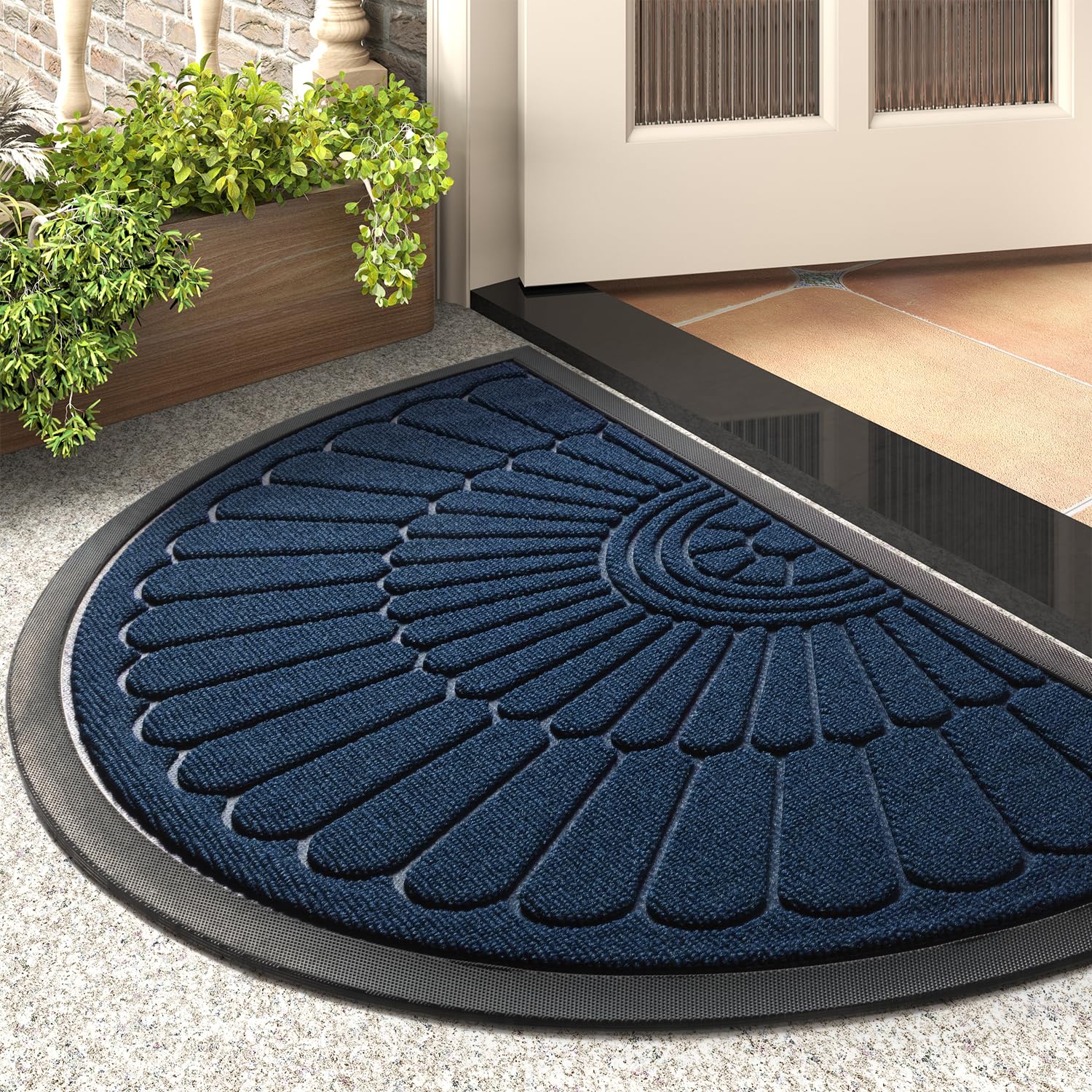 tchdio Semicircular Durable Rubber Doormat- Non Slip Front Door Mat for Outside Inside Entry, Navy Blue 24   x36   