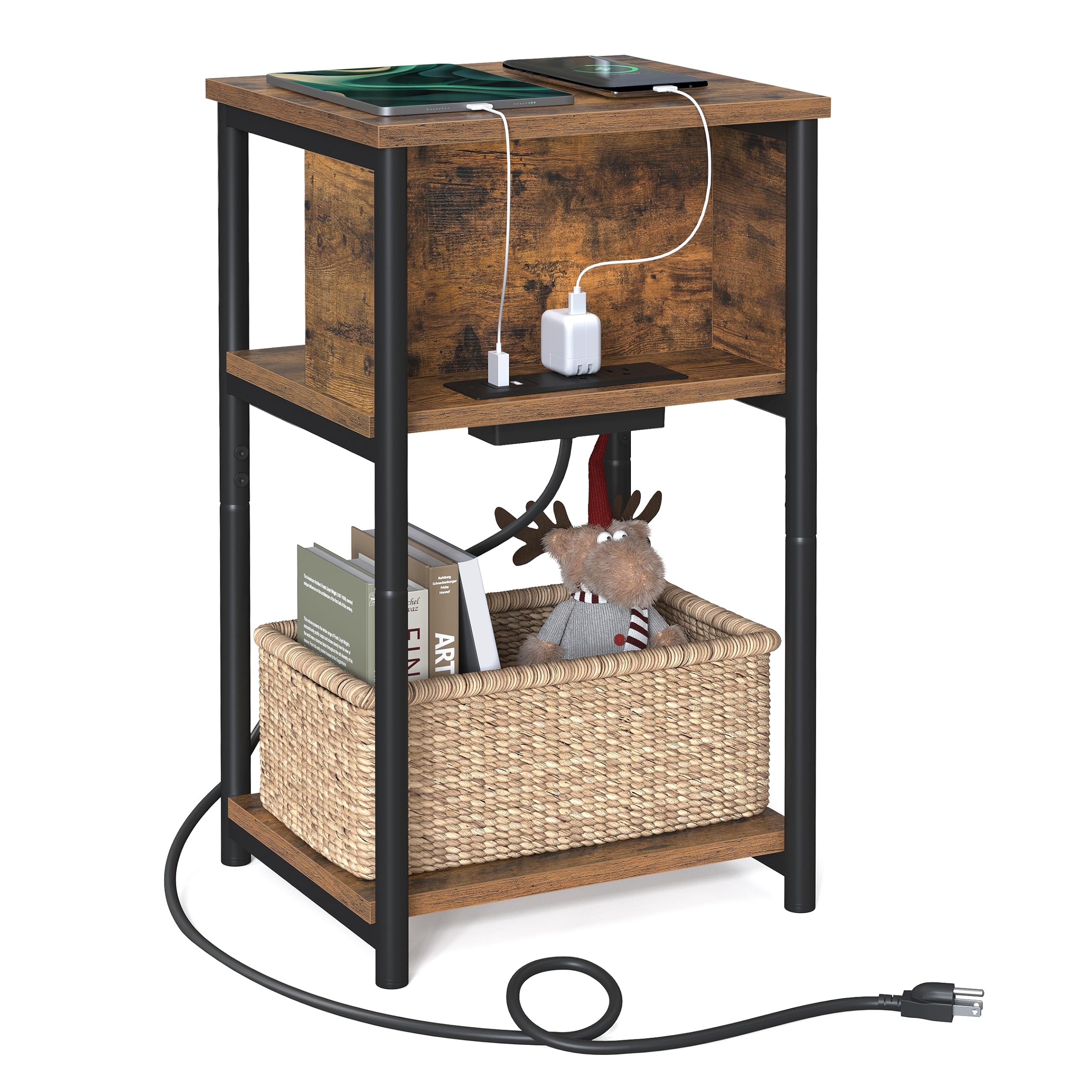 VASAGLE Side Table with Charging Station, 3-Tier End Table with USB Ports and Outlets, Nightstand for Living Room, Bedroom, 11.8