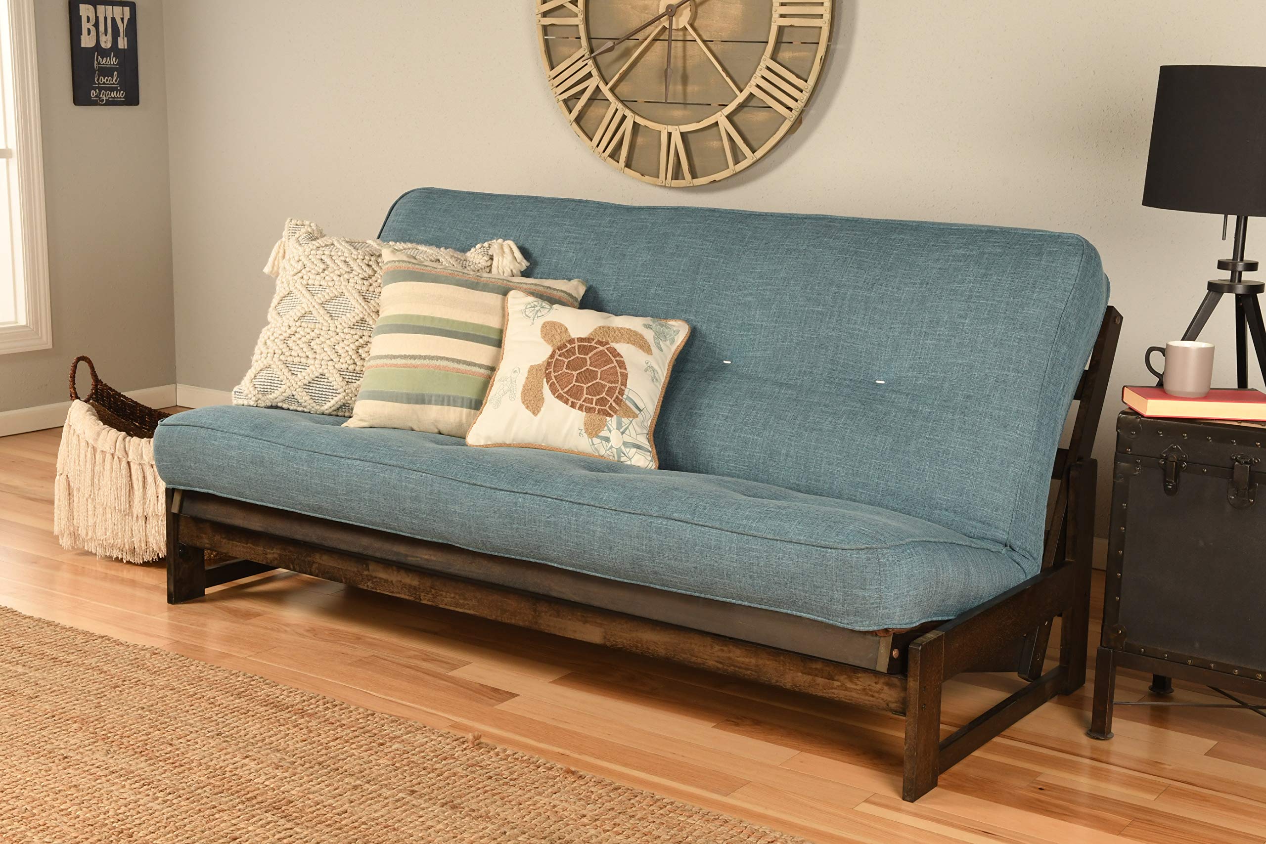 Kodiak Furniture Aspen Futon with Linen Fabric Mattress in Reclaim Mocha/Blue