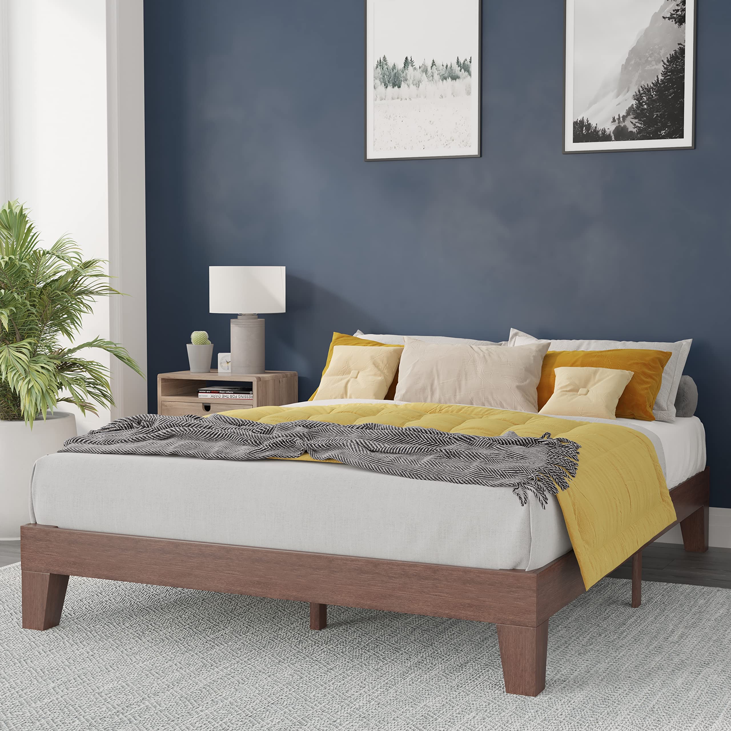 Flash Furniture Evelyn Wooden Platform Bed - Walnut Finish - Queen - Wooden Slat Support - No Box Spring Required - Easy Assembl