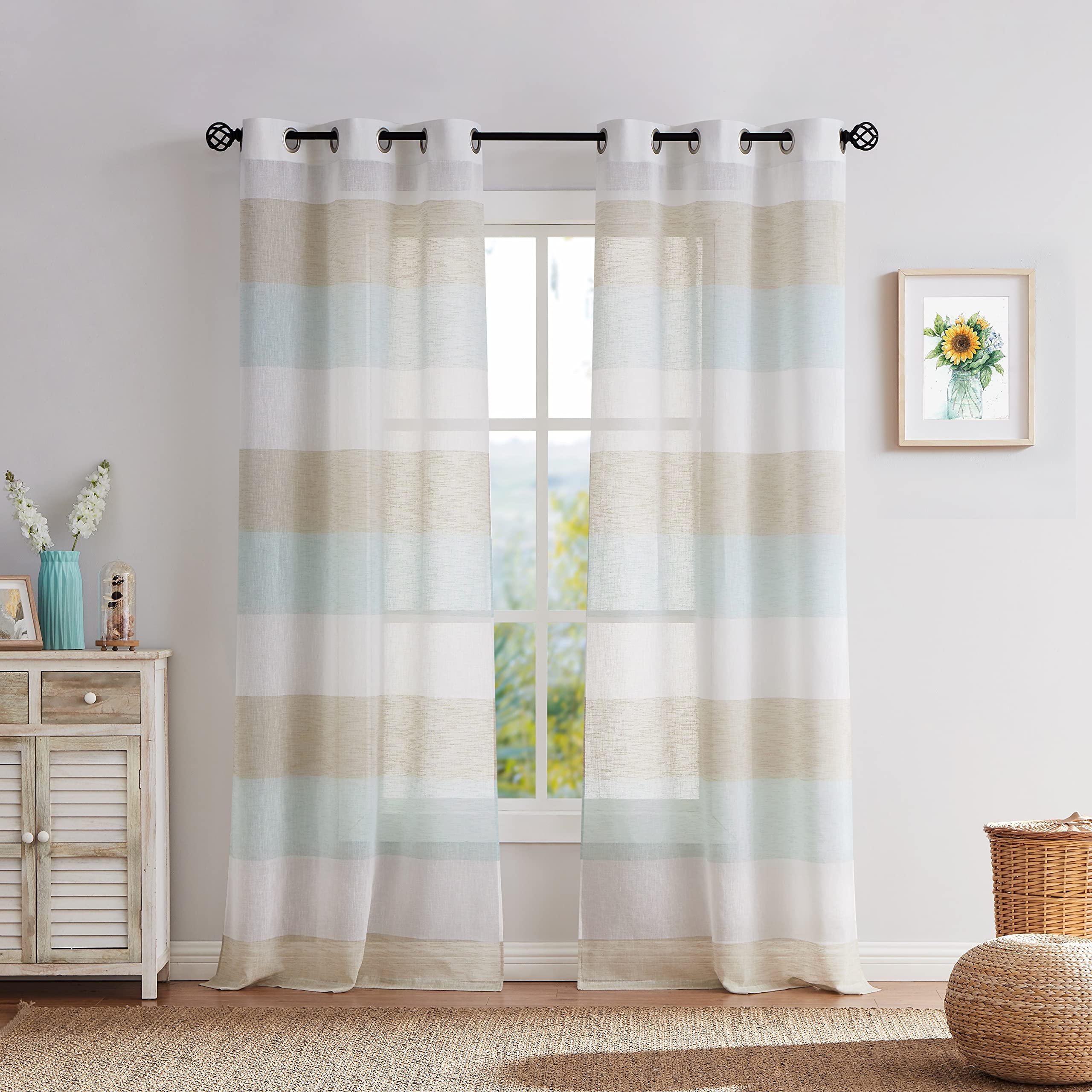 Central Park Tan and Spa Blue Stripe Sheer Color Block Window Curtain Panel Linen Window Treatment for Bedroom Living Room Farmh