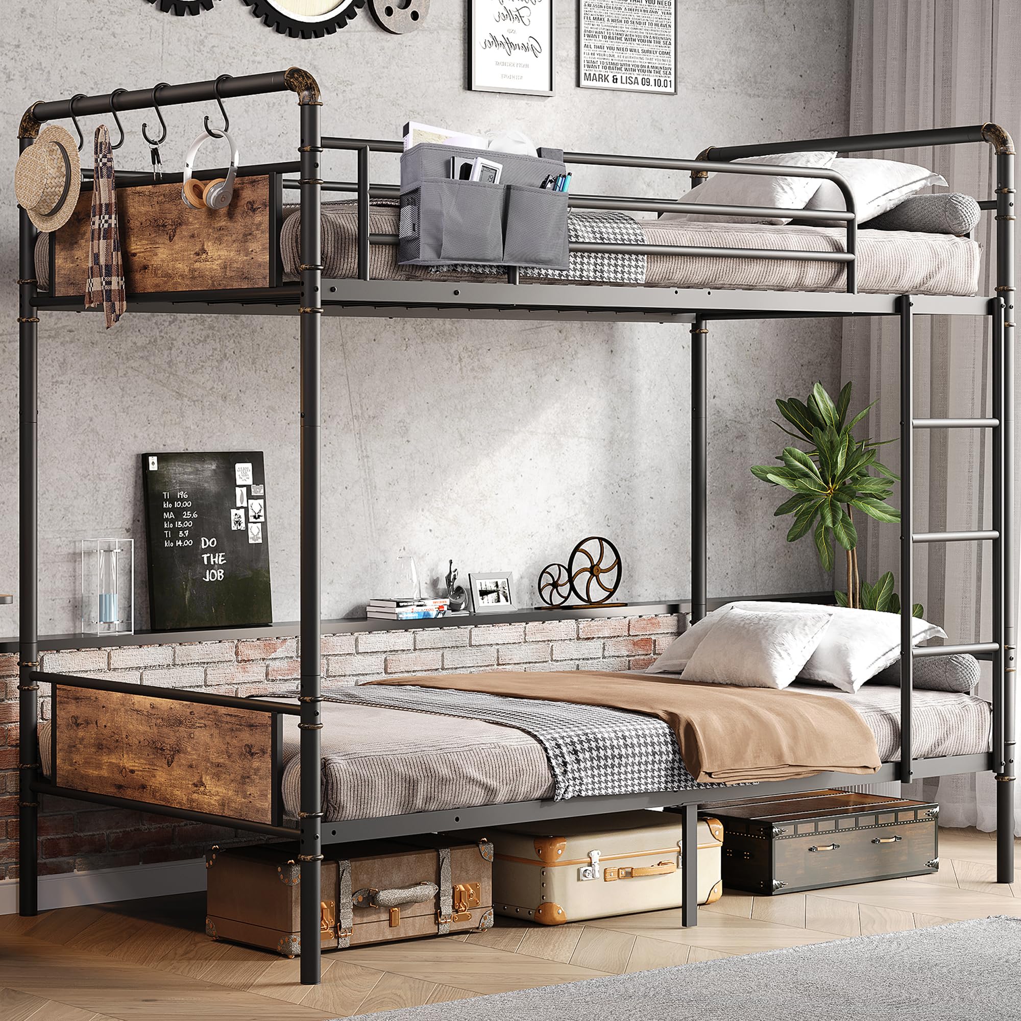 Jocoevol Metal Bunk Bed Twin Over Twin, Industrial Bunkbeds Heavy Duty Bed with Safety Guard Rails and Space-Saving Design, Stee