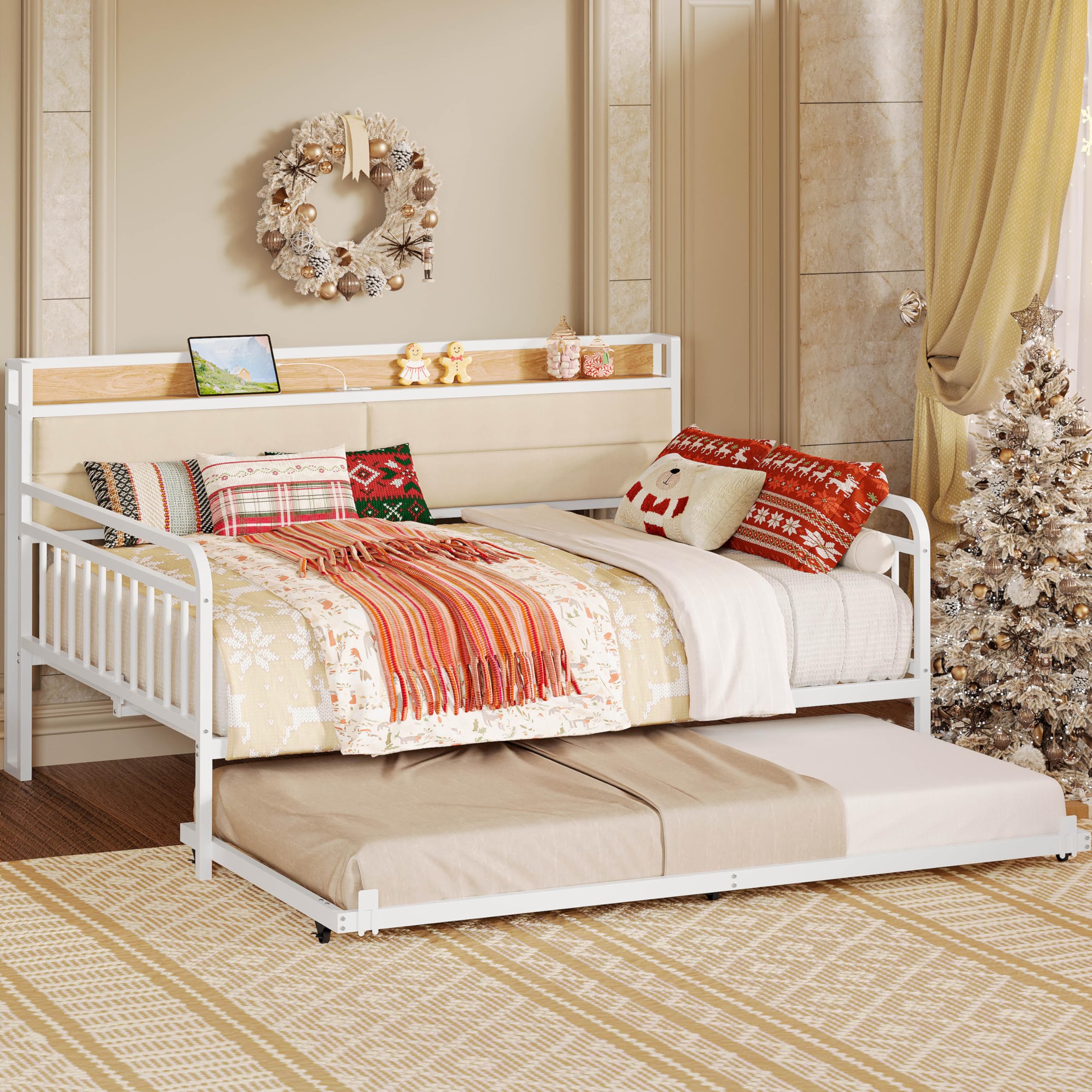 LIKIMIO Daybed with Trundle, Sturdy Metal Full Size Bed Frame with Twin Trundle, Upholstered Headboard and Charging Station for 