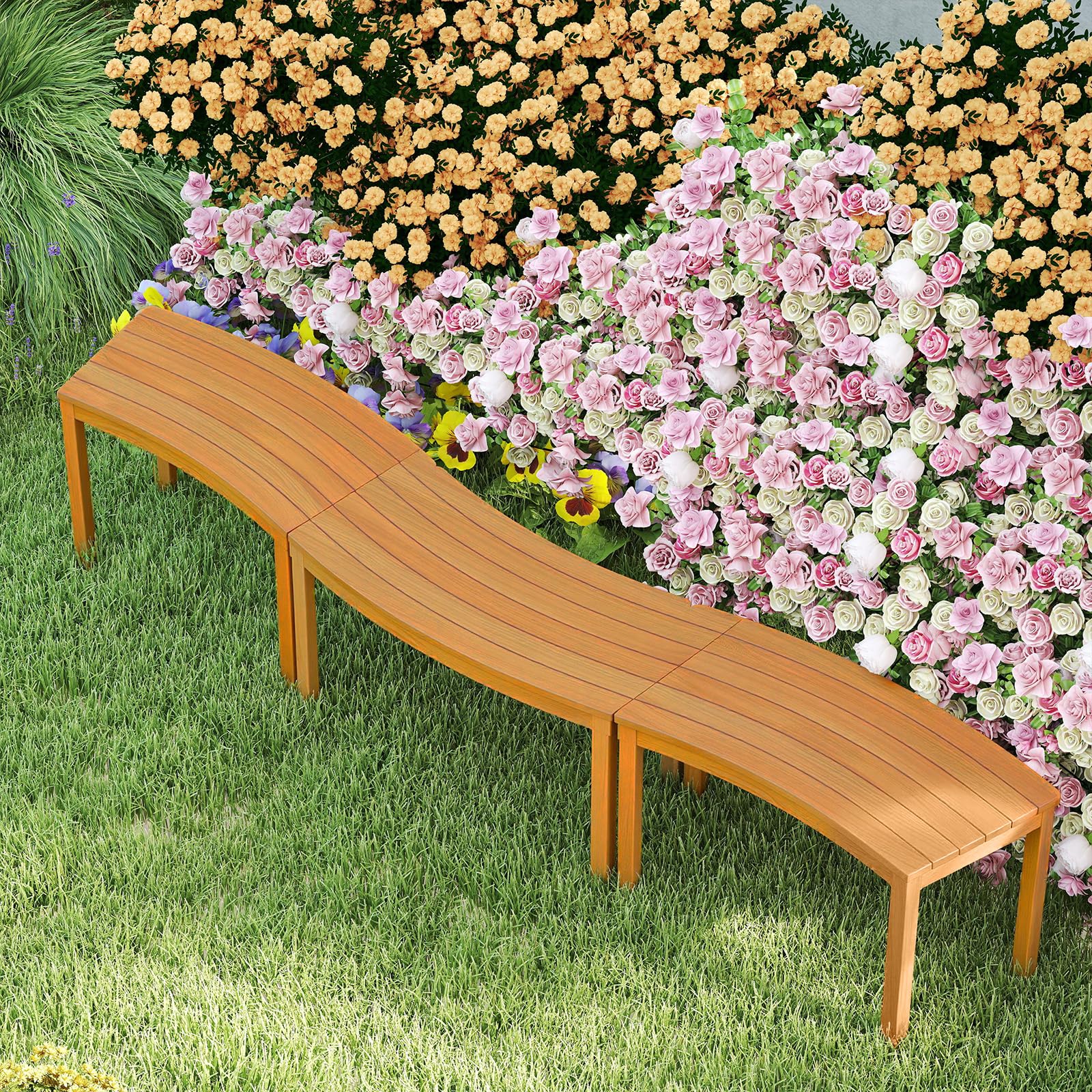 Tangkula Acacia Wood Outdoor Curved Bench Set of 3, Patio Garden Backless Fire Pit Bench with 1200 lbs Weight Capacity, Outside 