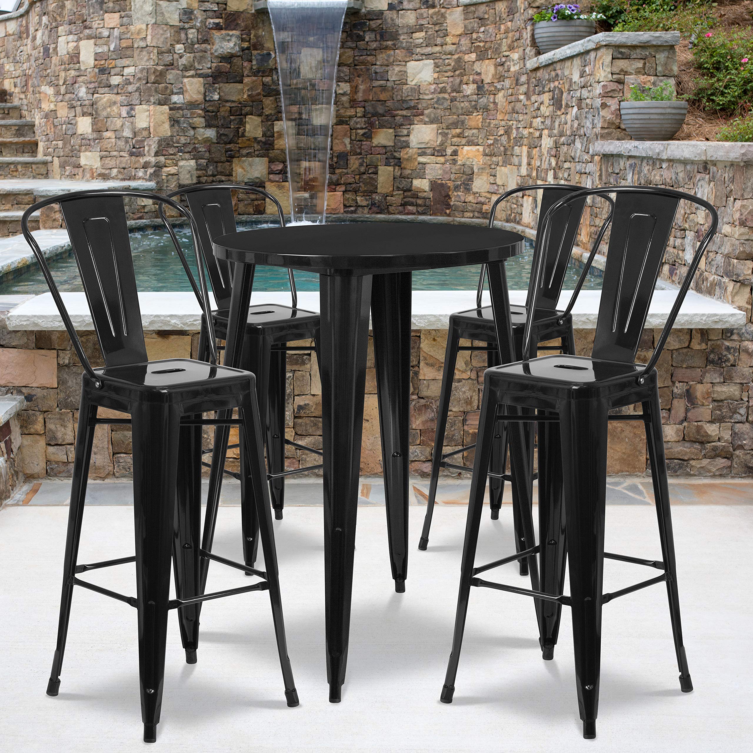 Flash Furniture Callum Commercial Grade 30 Round Black Metal Indoor-Outdoor Bar Table Set with 4 Cafe Stools