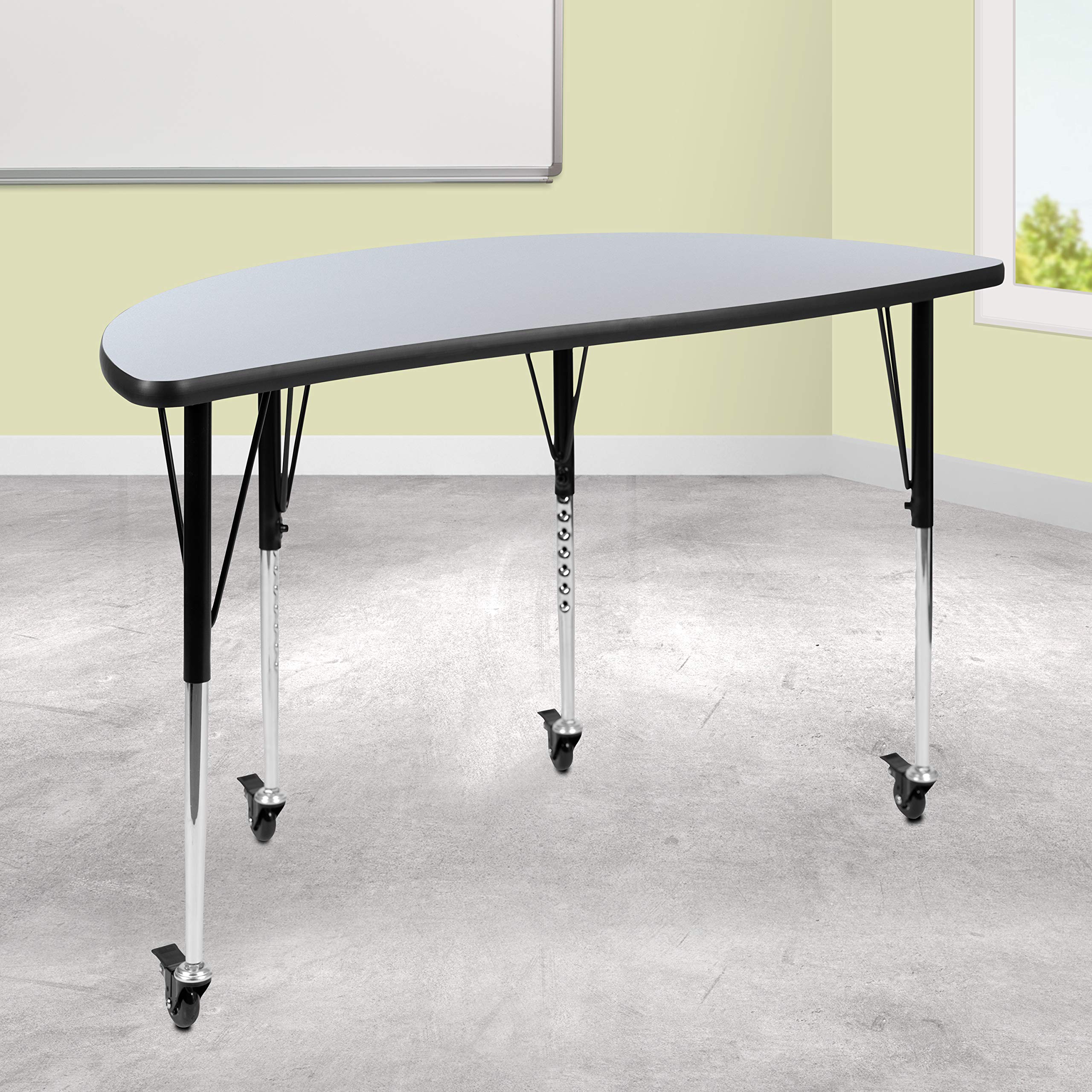 Flash Furniture Mobile 47.5 Half Circle Wave Collaborative Grey Thermal Laminate Activity Table - Standard Height Adjustable Leg