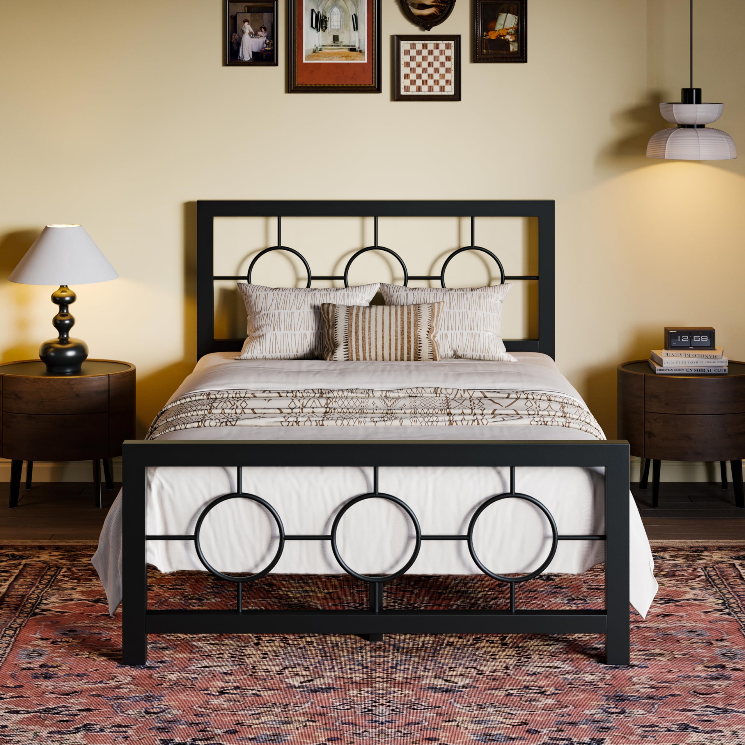SHA CERLIN Twin Metal Bed Frame with Vintage Circular Design Headboard and Footboard,No Box Spring Required,Easy Assembly,Noise-