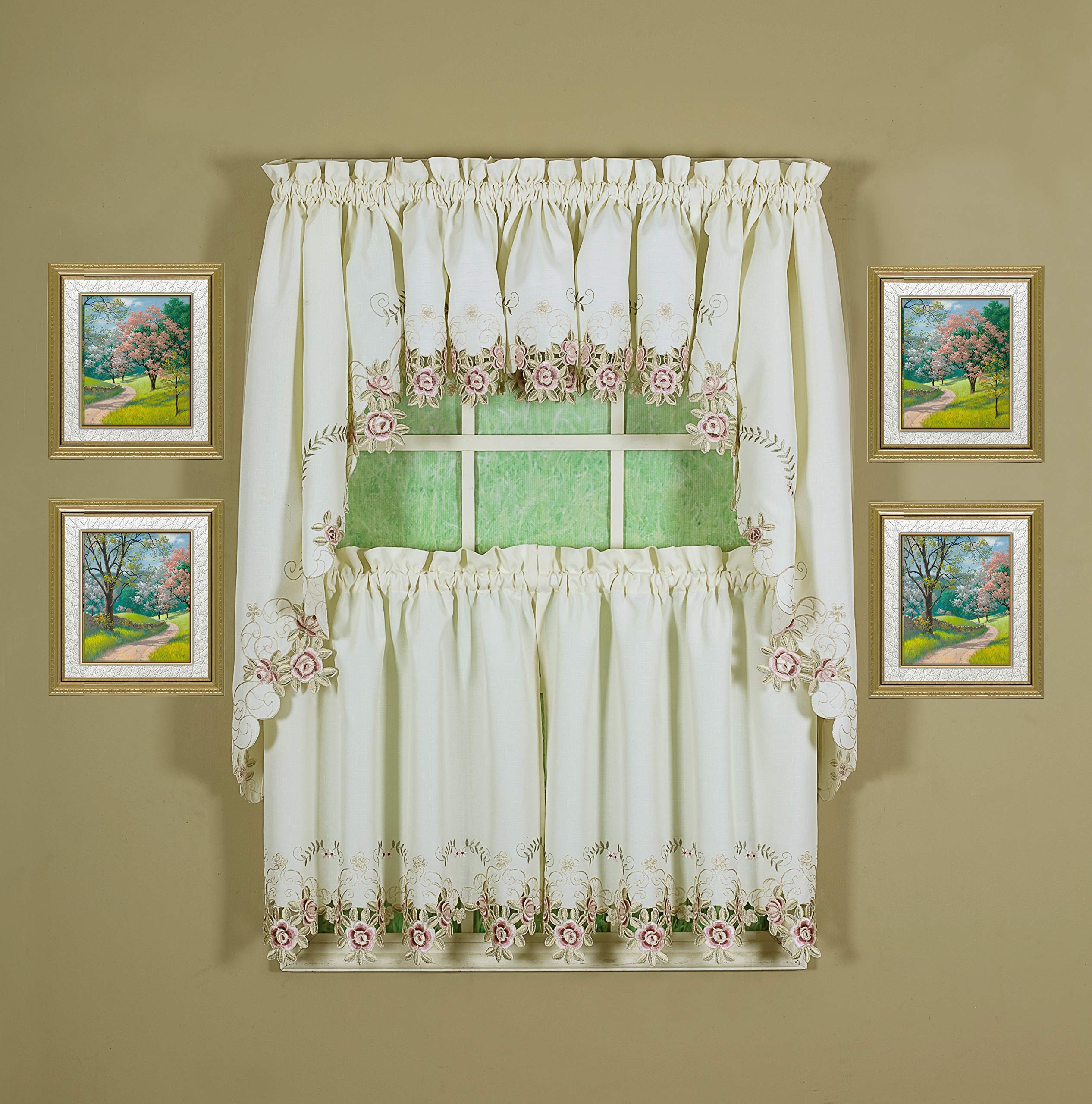 Todays Curtain Verona Reverse Embroidery Tier, 36, Ecru/Rose