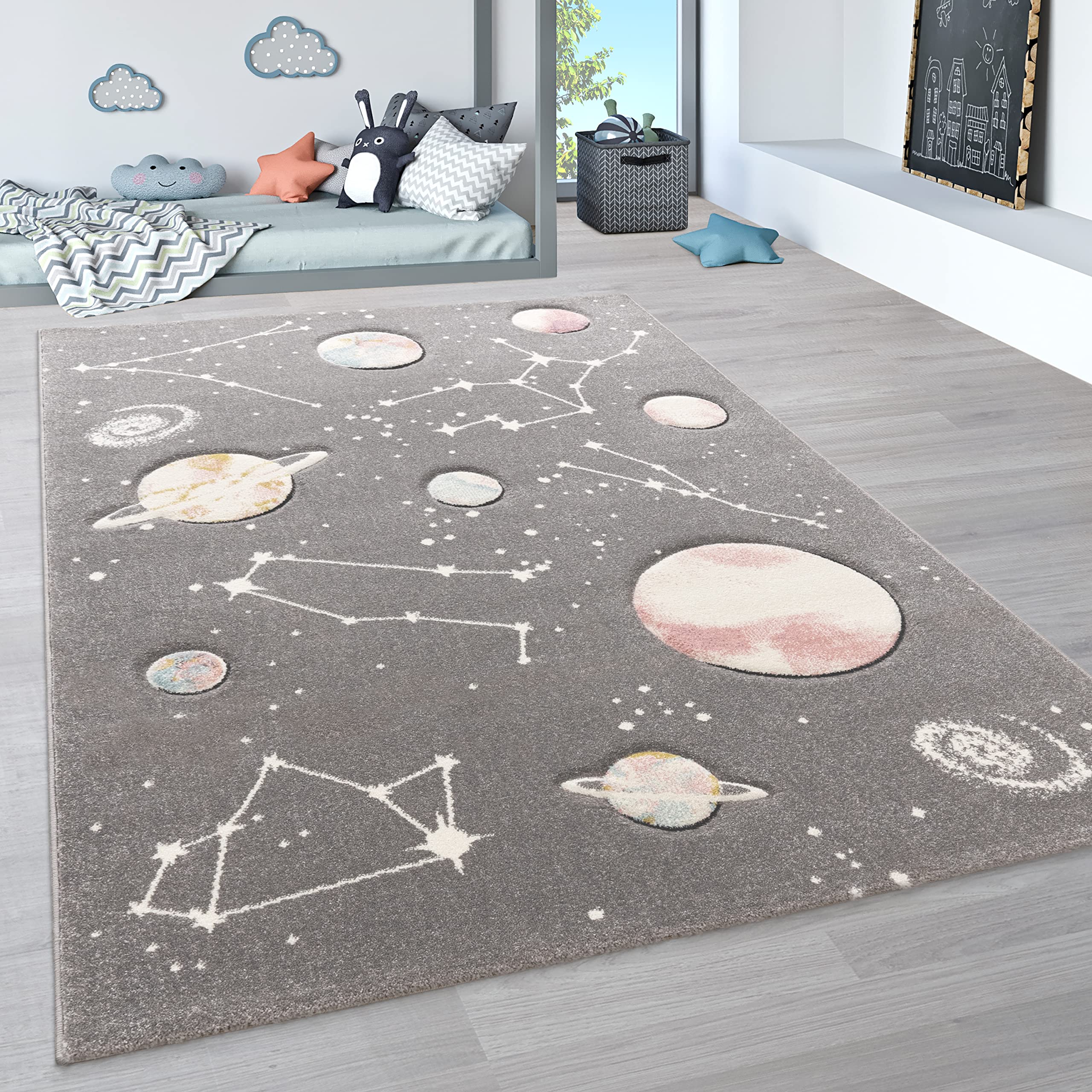 Kids Rug Play Rug Space Area Galaxy for Childrens Room Planets and Stars in Grey, Size: 47 x 67
