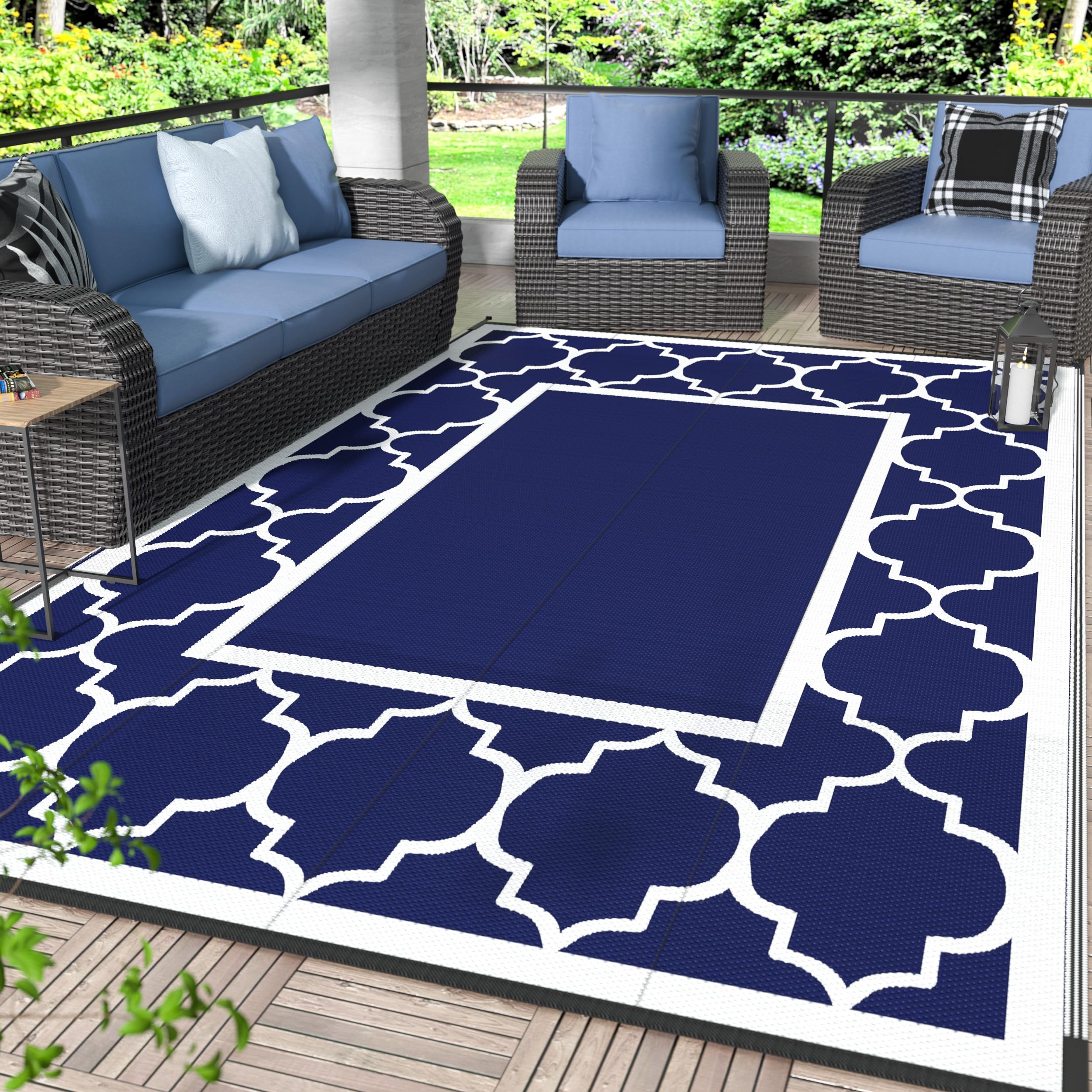 GENIMO 5x8 Outdoor Rug for Patio,Reversible Plastic Waterproof Rugs,Clearance Mat,Rv,Camping,Deck,Porch,Camper,Balcony,Blue & 