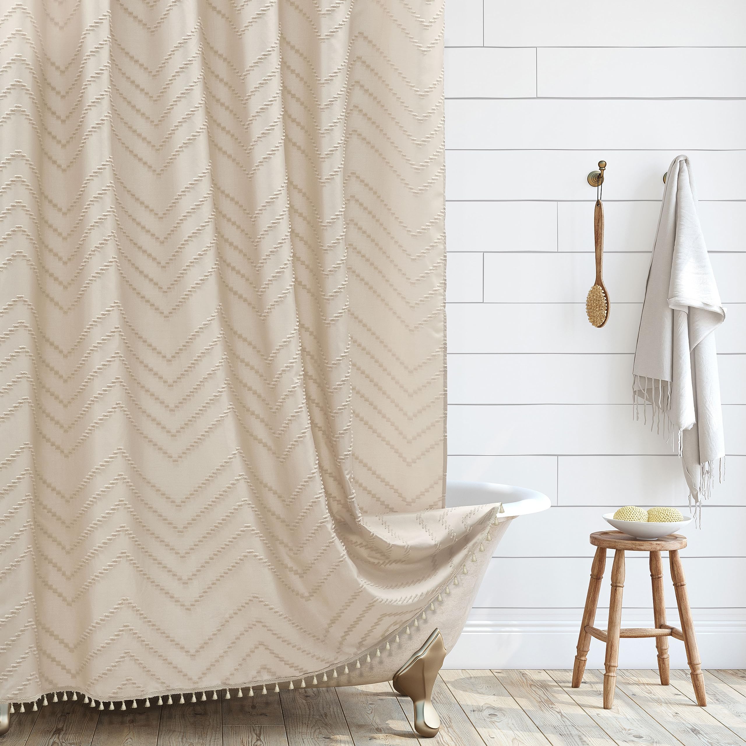 Siiluminisoy Boho Farmhouse Shower Curtain Woven Fabric Cute Beige Shower Curtain, 72 x 72 Tufted Chevron Textured Striped Moder