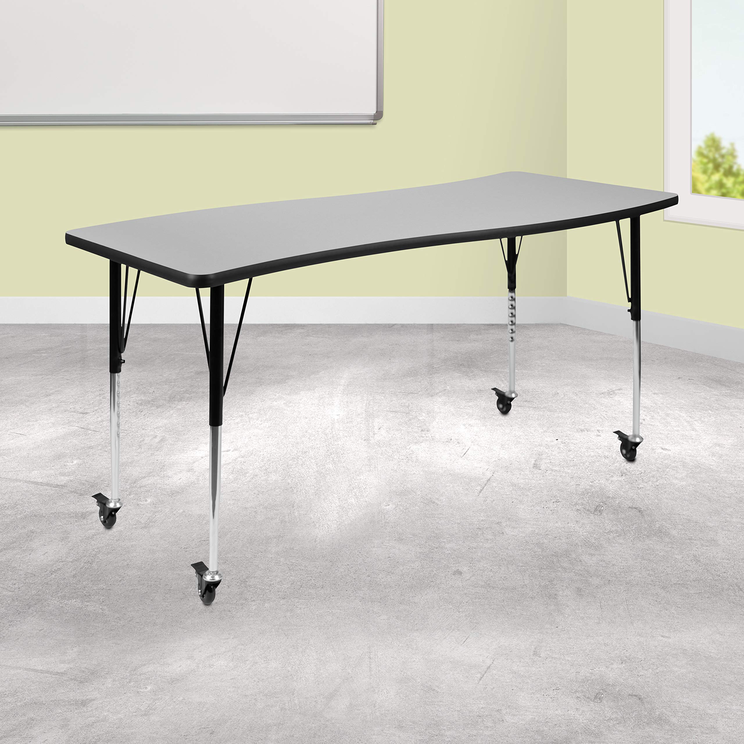 Flash Furniture Mobile 26W x 60L Rectangular Wave Collaborative Grey Thermal Laminate Activity Table - Standard Height Adjustabl