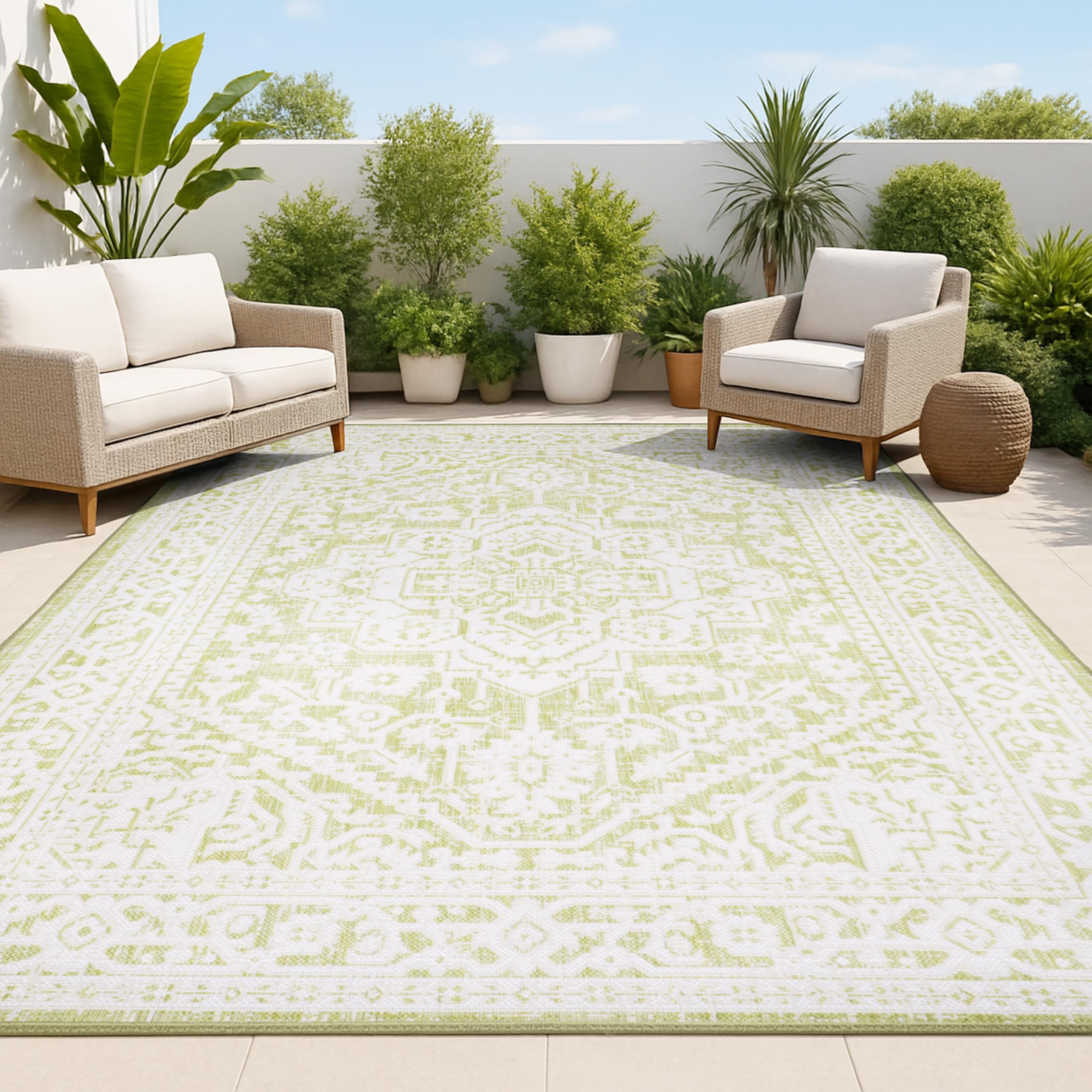 JONATHAN Y Medallion Weave Indoor Outdoor Area Rug 9X12 Green/Cream, Sinjuri Textured for Backyard, Patio, Porch, Easy-Cleaning,