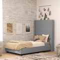 Flash Furniture Quinn Upholstered Platform Bed - Gray Channel Stitched Wingback Headboard - Twin - Mattress Foundation with Slat