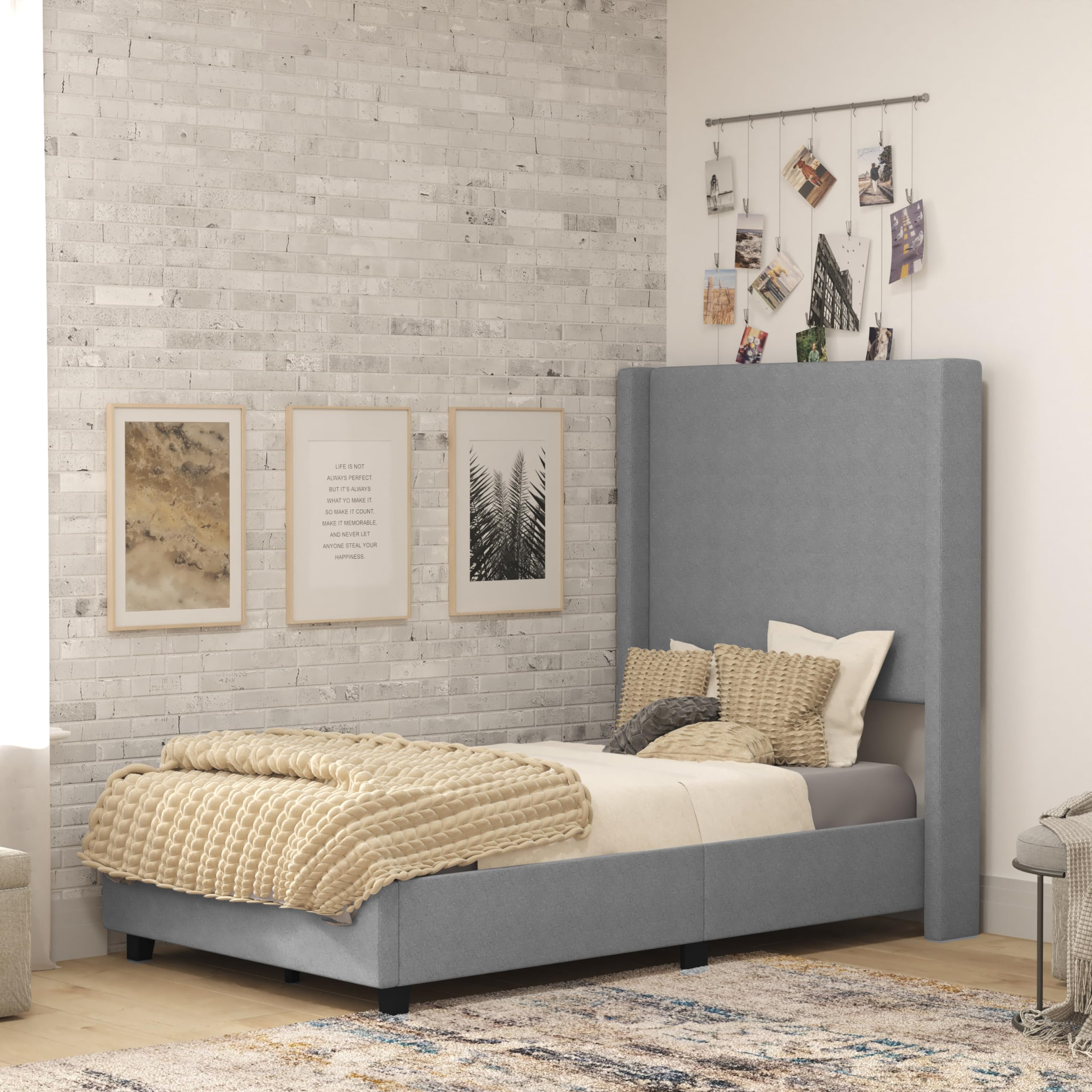 Flash Furniture Quinn Upholstered Platform Bed - Gray Channel Stitched Wingback Headboard - Twin - Mattress Foundation with Slat