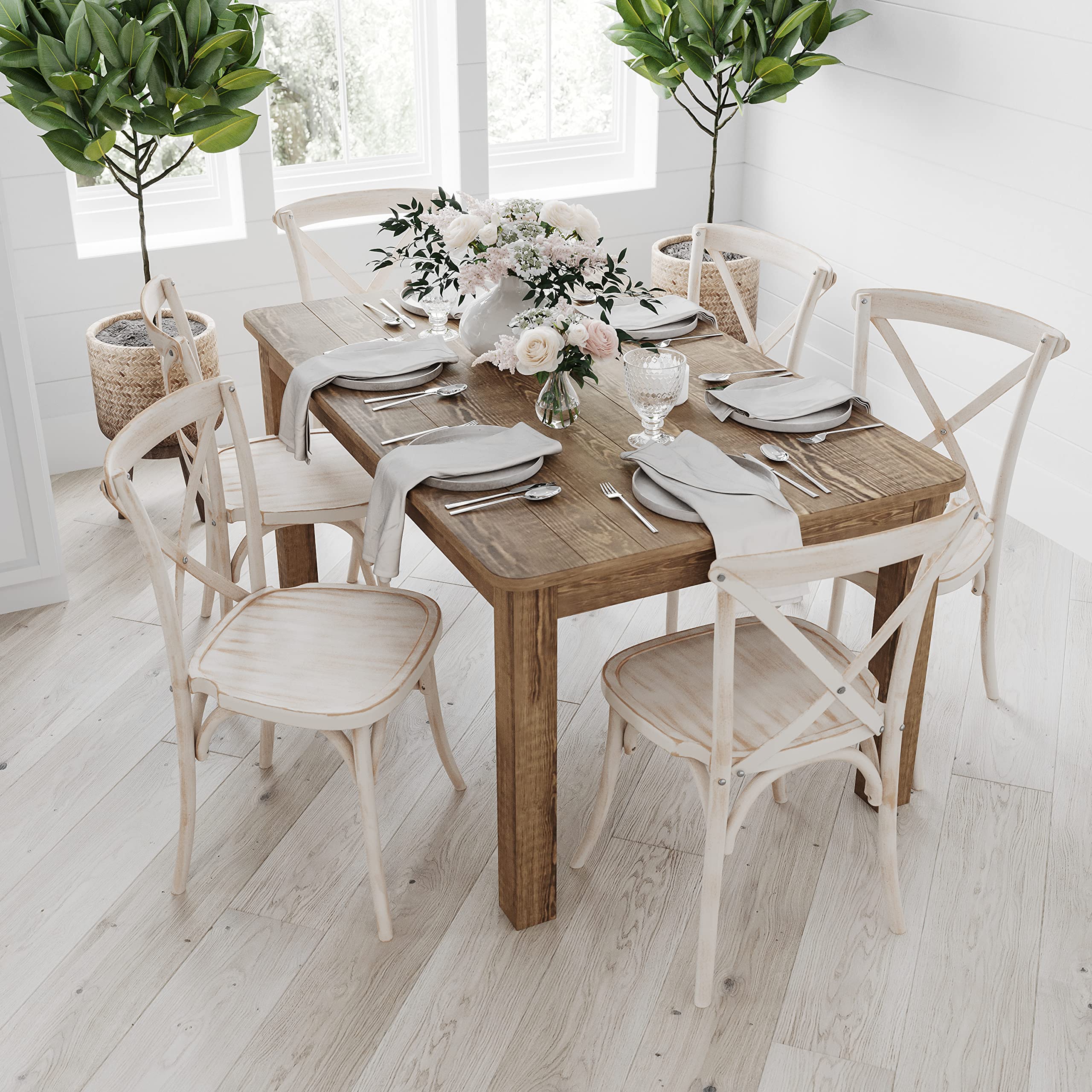 Merrick Lane Rustic Brown Solid Wood Dining Table, Kitchen Table with Square Legs, Farmhouse Dining Table, 38 x 60, Seats 6, Rus