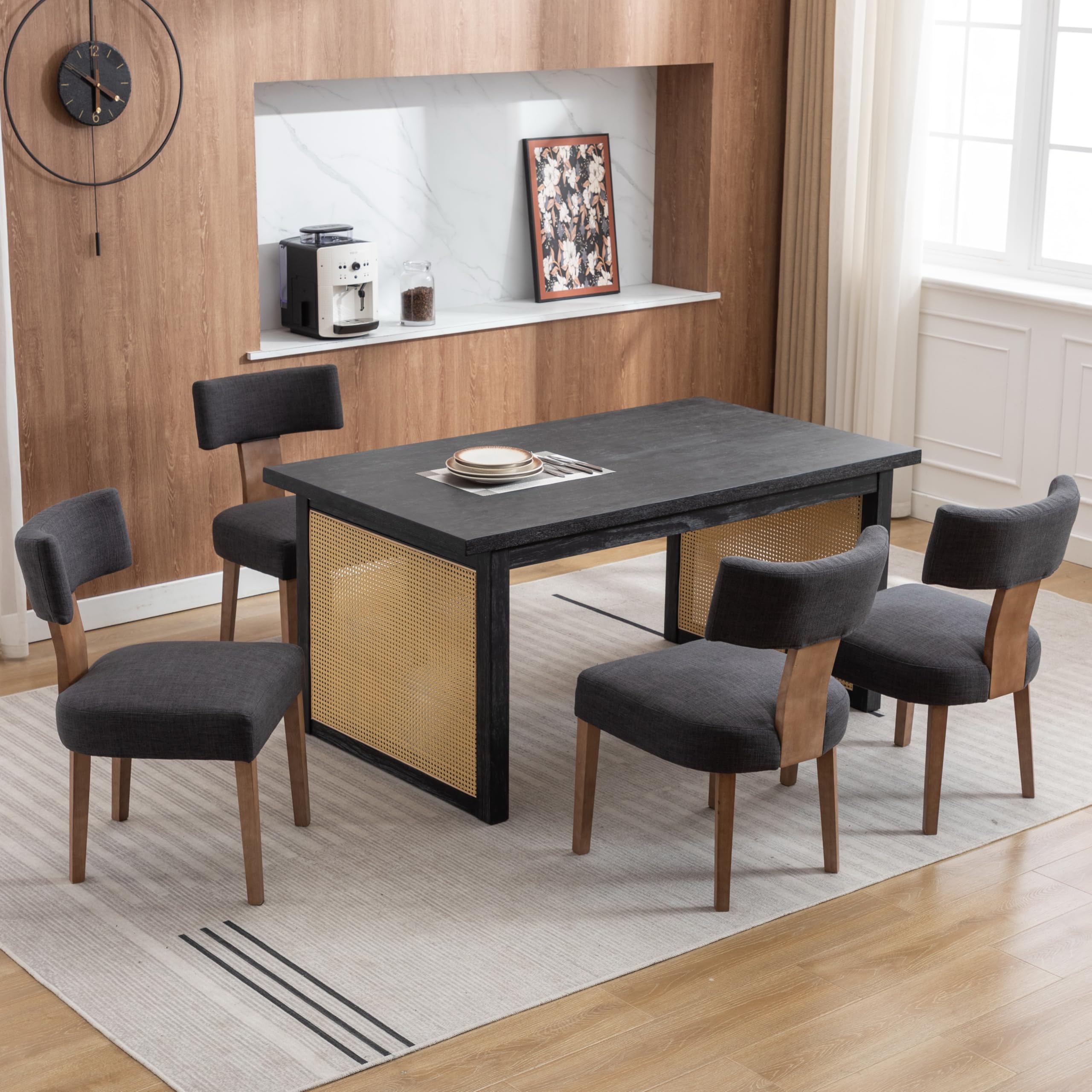 RIVOVA Linen Dining Chairs Set of 4, Modern Dining Chair with Curved Backrest and Wood Legs Upholstered Dining Chairs Farmhouse 