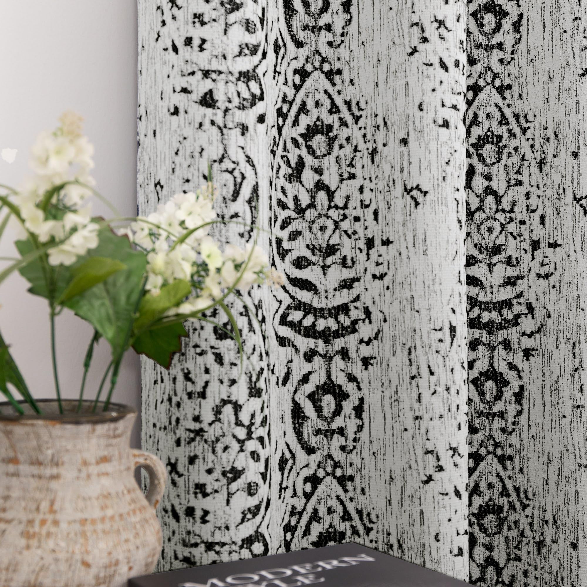 Mrs.Naturall Black and Grey Cream Living Room Curtains 84 Inches Long Damask Patterned Dark Light Blocking Window Treatments Roo