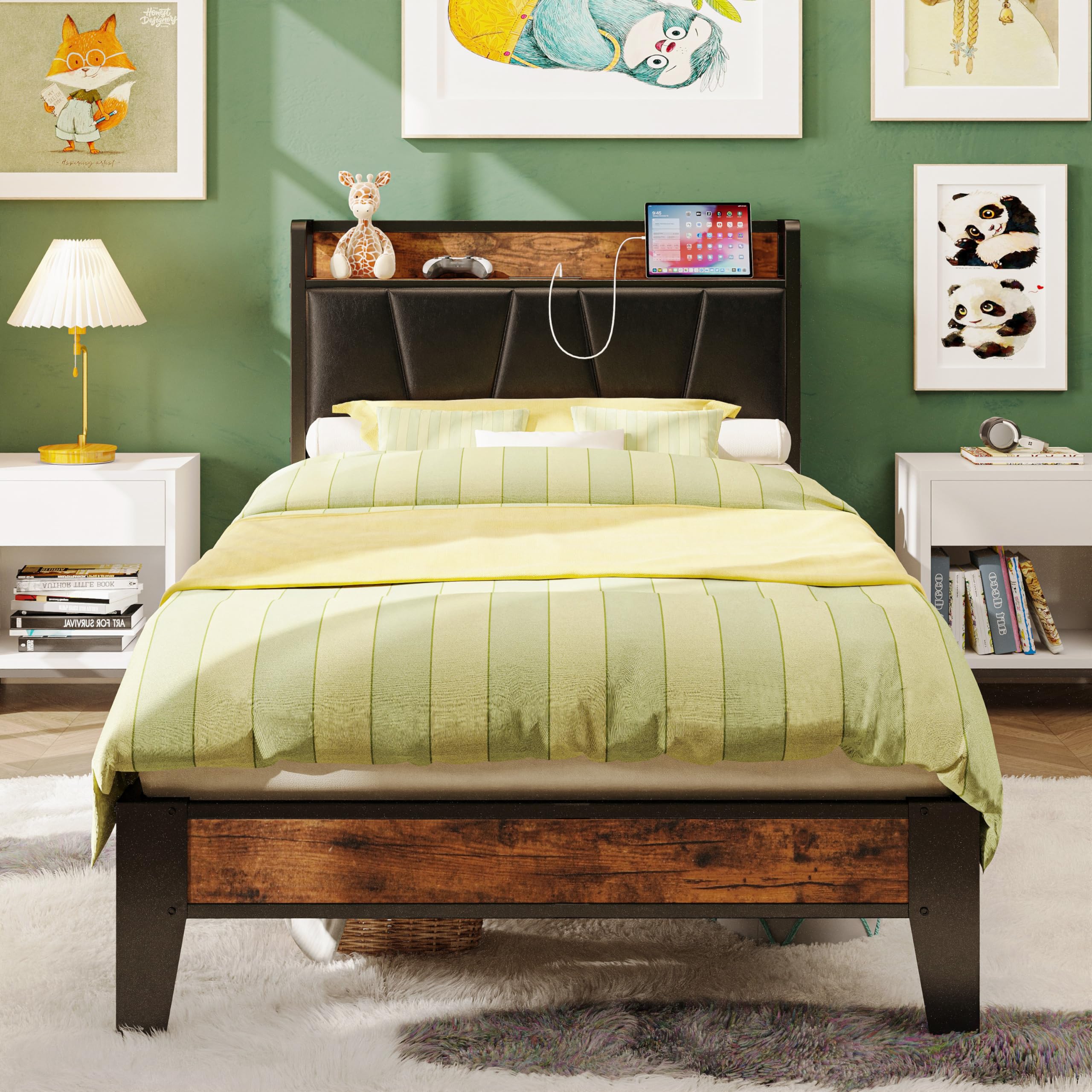 LIKIMIO Twin XL Bed Frames, Storage Headboard with Charging Station, Solid and Stable, Noise Free, No Box Spring Needed, Easy As