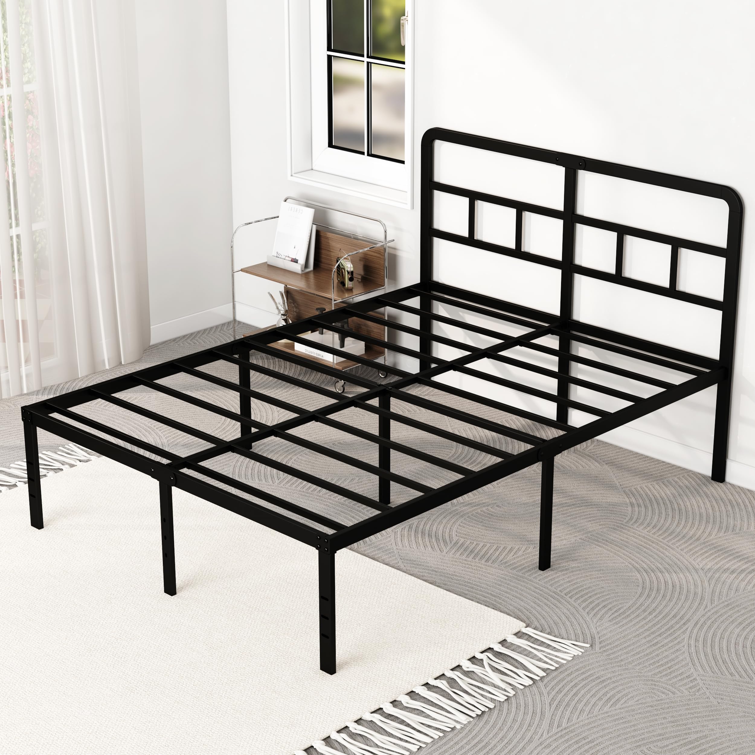 DiaOutro 18 Inch Queen Bed Frame with Headboard No Box Spring Needed, Heavy Duty Metal Queen Size Platform with Steel Slat, Matt