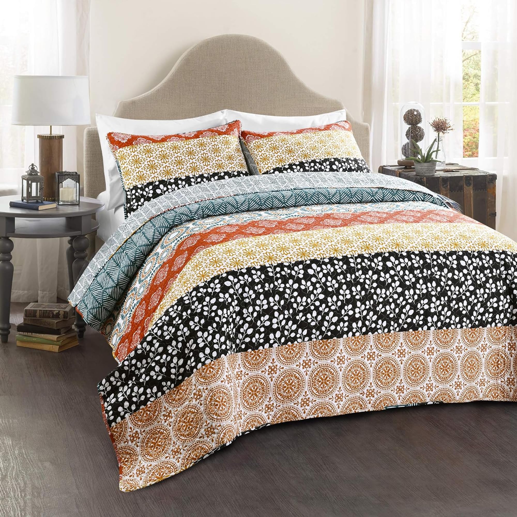 Lush Decor Bohemian Stripe Reversible Cotton Quilt Set, 3 Piece Set, Full/ Queen, Turquoise & Orange -Striped Bedding Set - Blue
