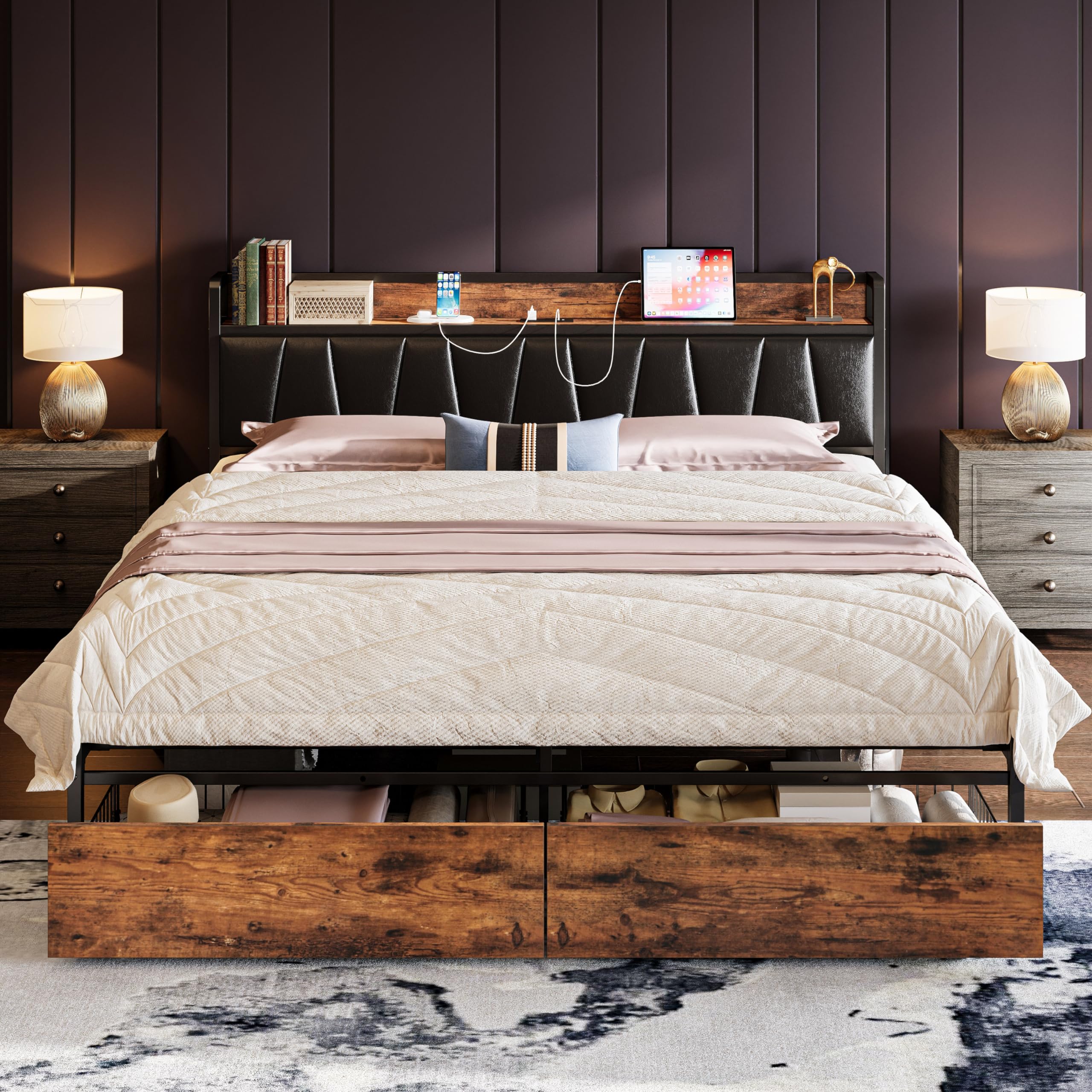 LIKIMIO Full Size Bed Frame, Storage Headboard with Charging Station, Platform Bed with Drawers, No Box Spring Needed, Easy Asse