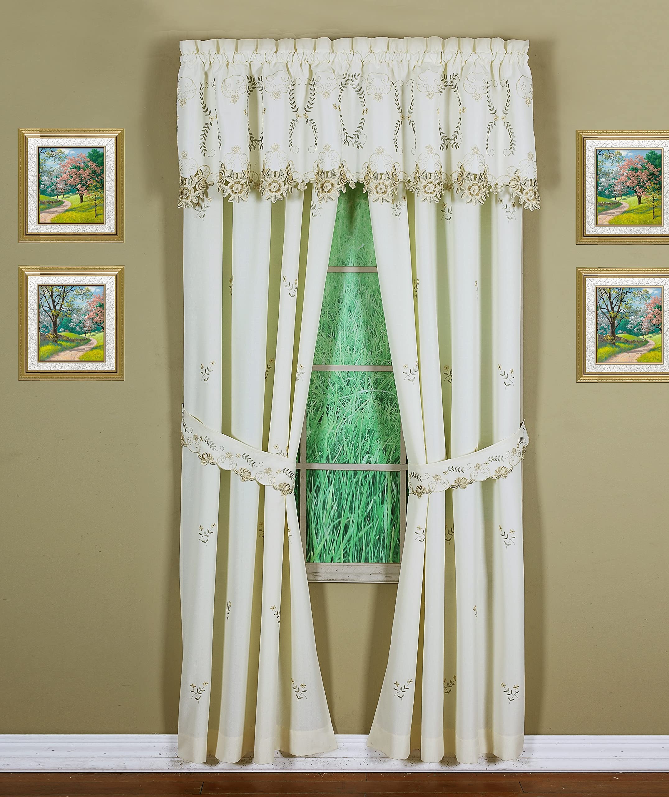 Todays Curtain Verona Reverse Embroidery Panel Pair and Tiebacks, 84, Ecru/Antique