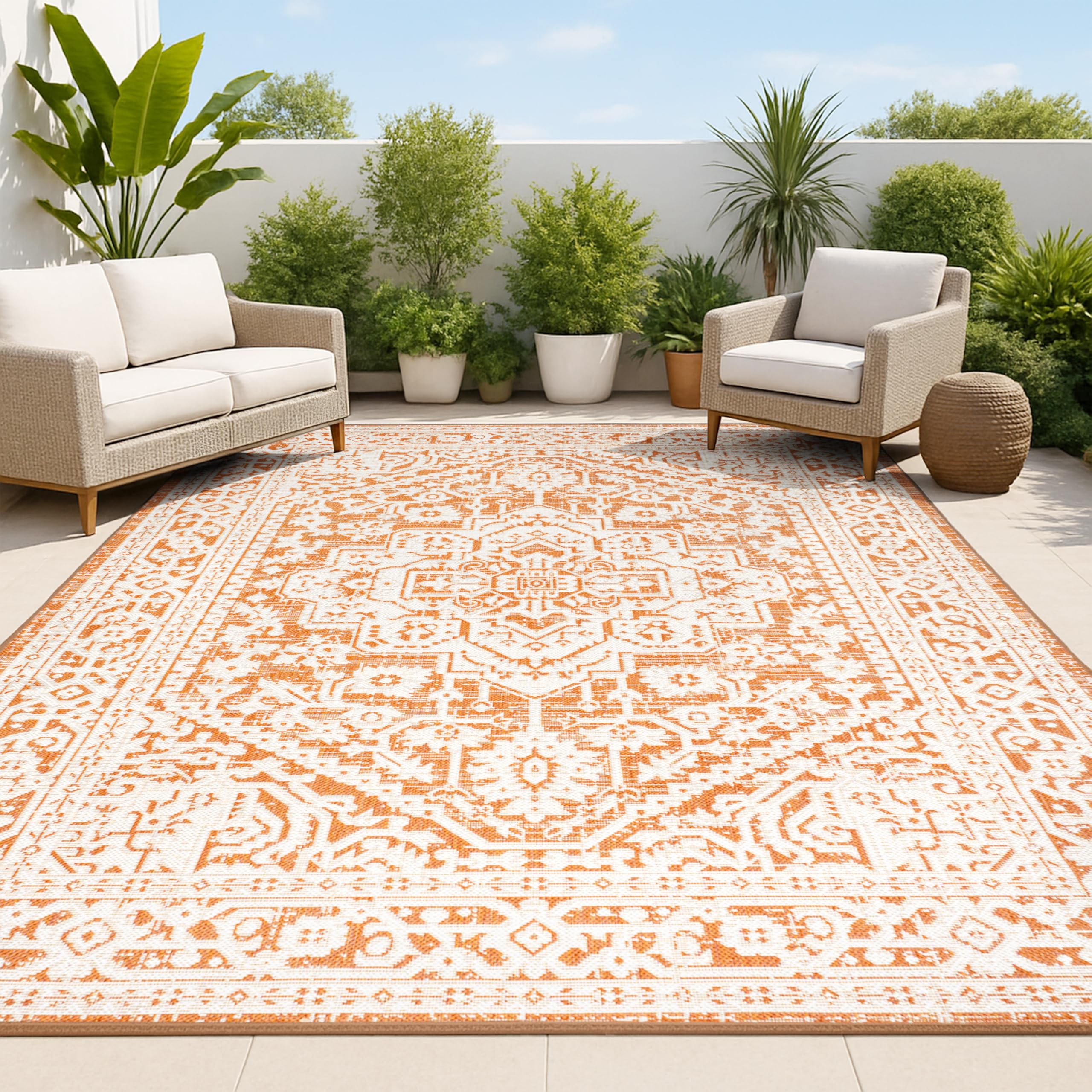 JONATHAN Y Medallion Weave Indoor Outdoor Area Rug 3X5 Orange/Cream, Sinjuri Textured for Backyard, Patio, Porch, Easy-Cleaning,
