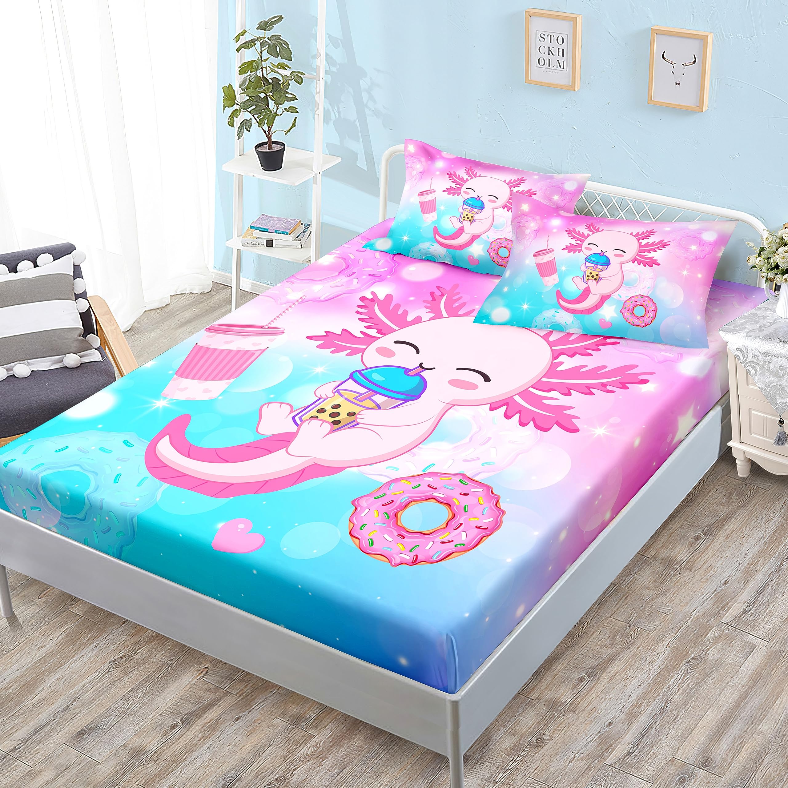 HOSIMA Axolotl Fitted Sheet Cute Animal Bedding Set Toddler Room Decor for Girls Dessert Milk Tea Donut Full Sheets Deep Pocket,