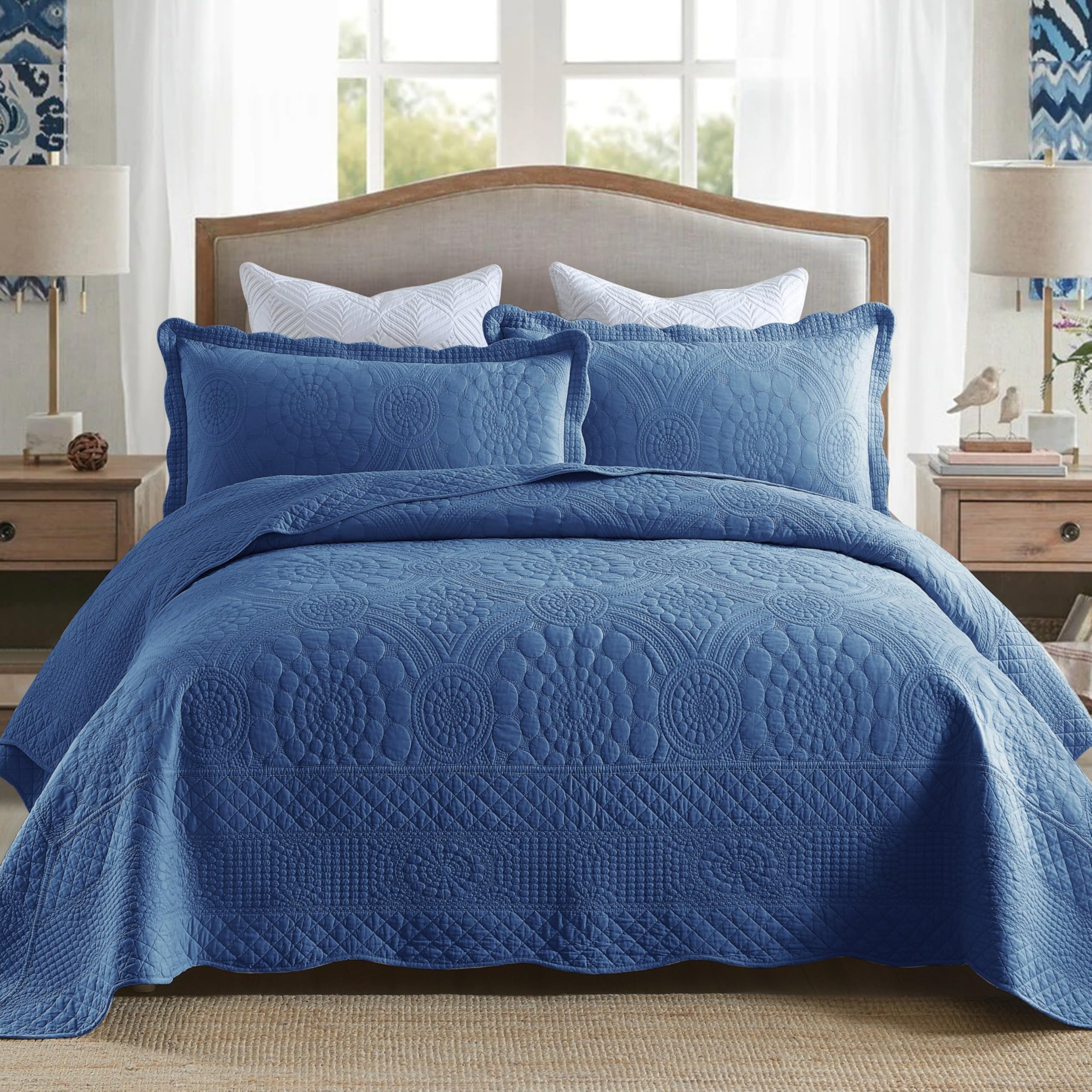 MarCielo 3-Piece 100% Cotton Oversized Bedspread Lightweight Quilt Coverlet Embroidery Farmhouse Bedding Set (Tf Midtone Blue, O