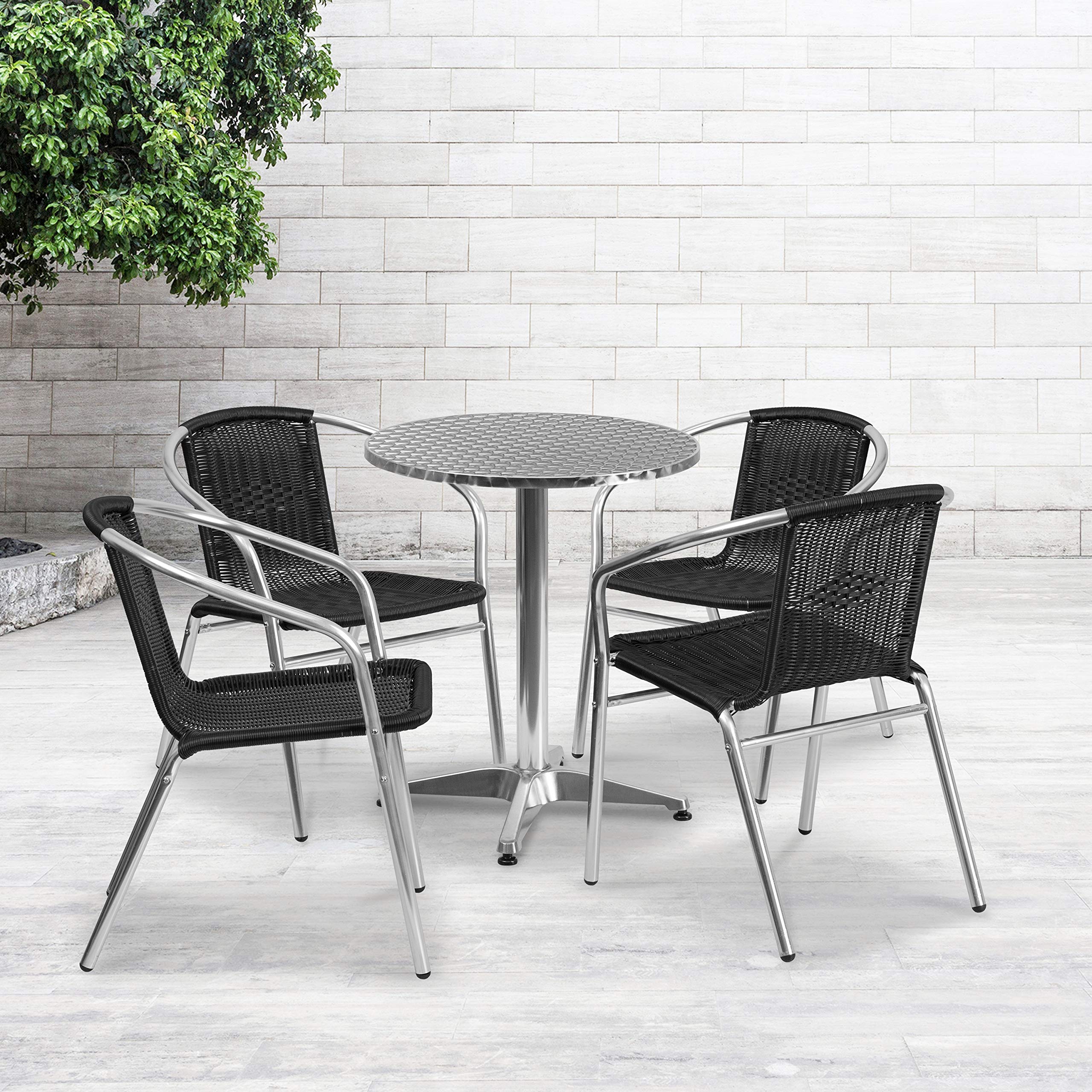 Flash Furniture Lila 23.5 Round Aluminum Indoor-Outdoor Table Set with 4 Black Rattan Chairs