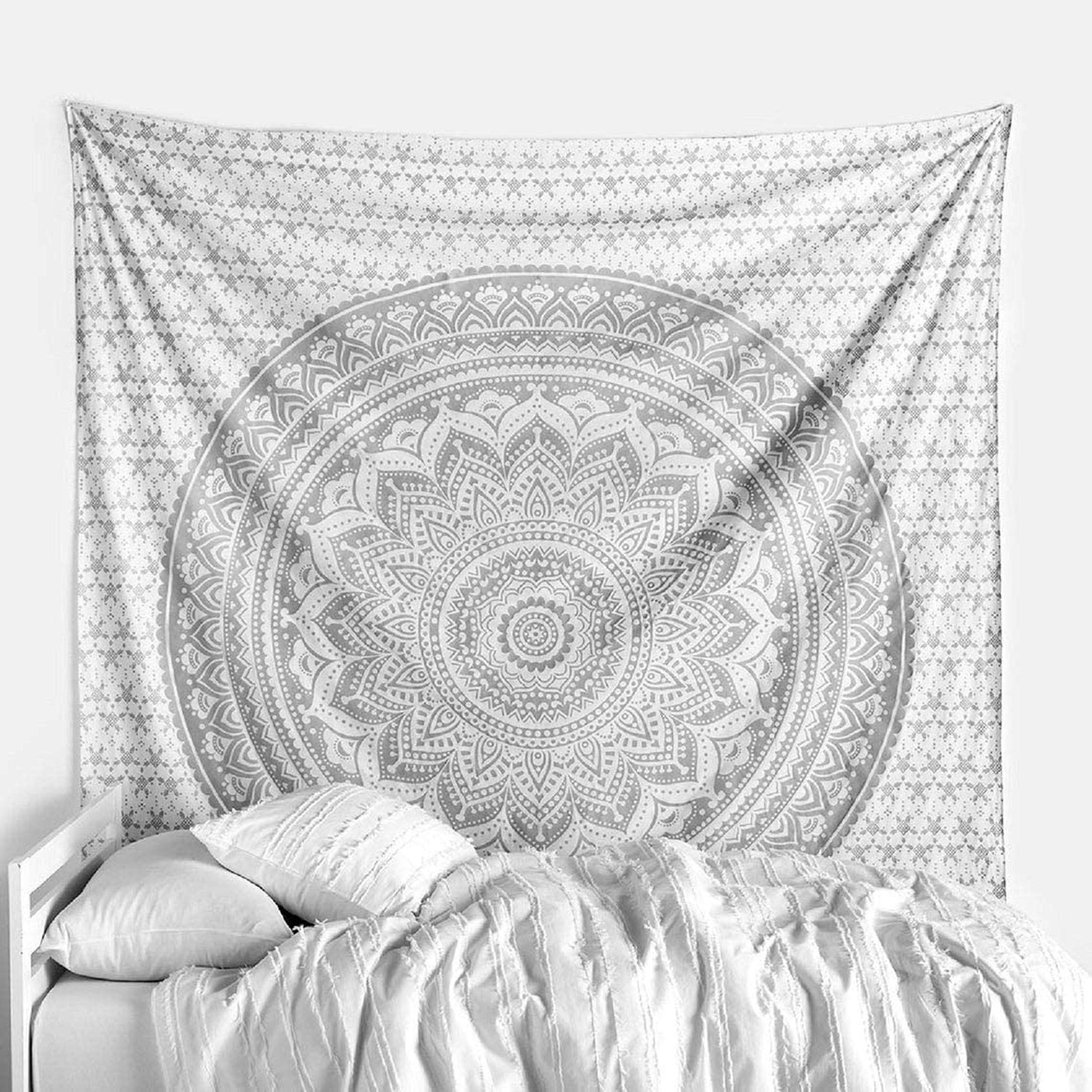 raajsee Silver Grey Mandala Wall Hanging - Aesthetic Indie Decor for Bedroom - Boho Trippy Small 30x40 Inches