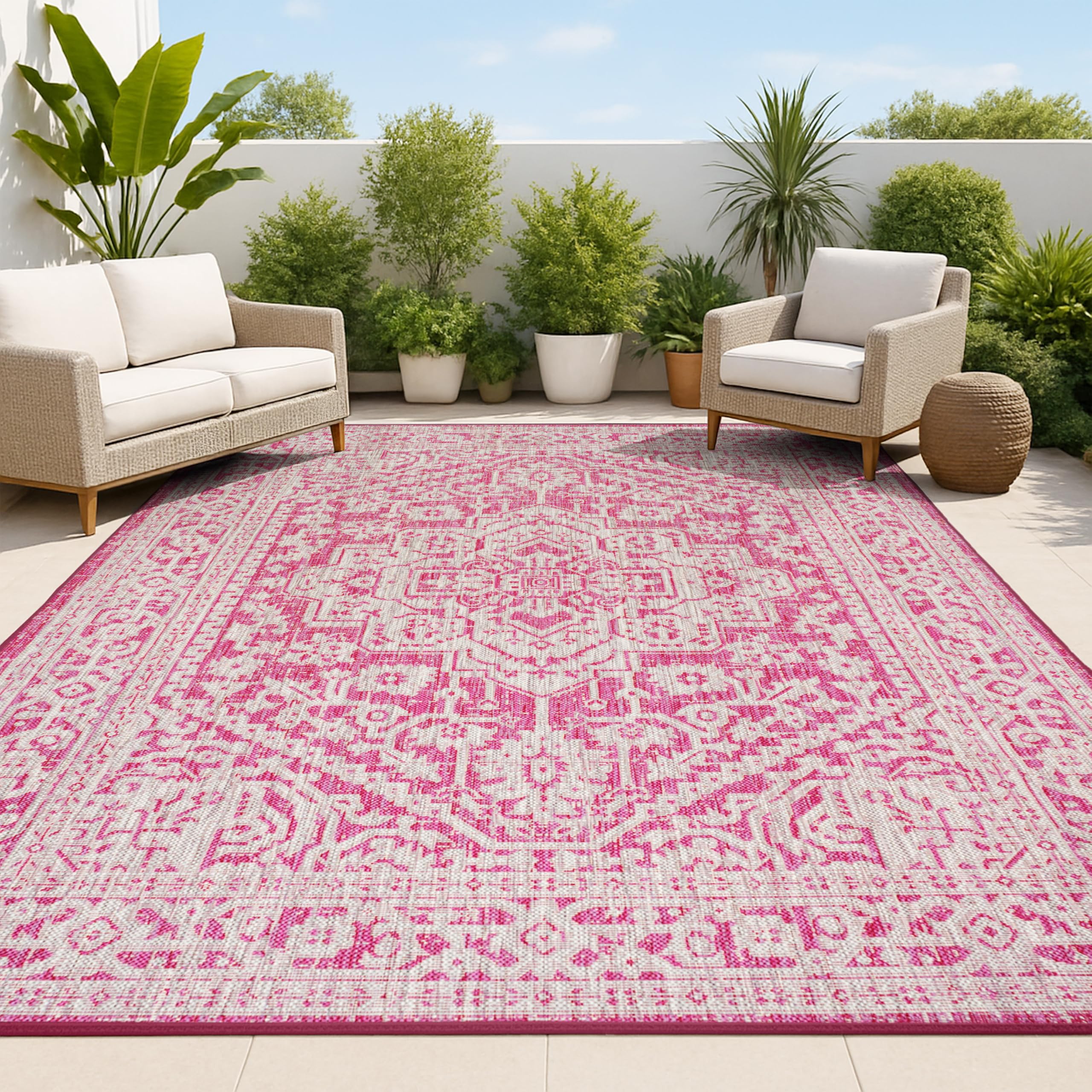 JONATHAN Y Medallion Weave Indoor Outdoor Area Rug 9X12 Fuchsia/Light Gray, Sinjuri Textured for Backyard, Patio, Porch, Easy-Cl