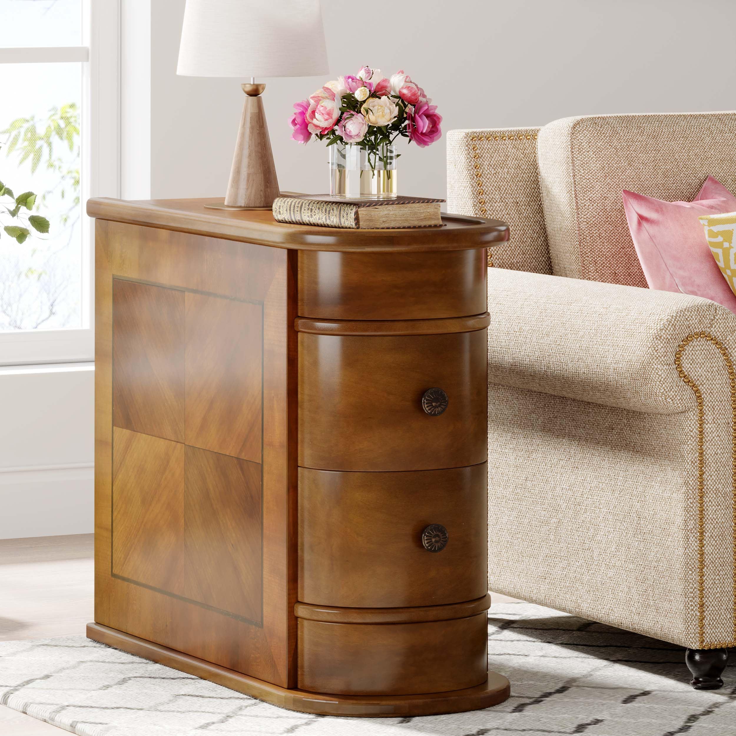 Trggivs Solid Wood End Table with 2 Drawers and Shelves, No Assembly Required Narrow Sofa Side Table for Living Room, Vintage Sl