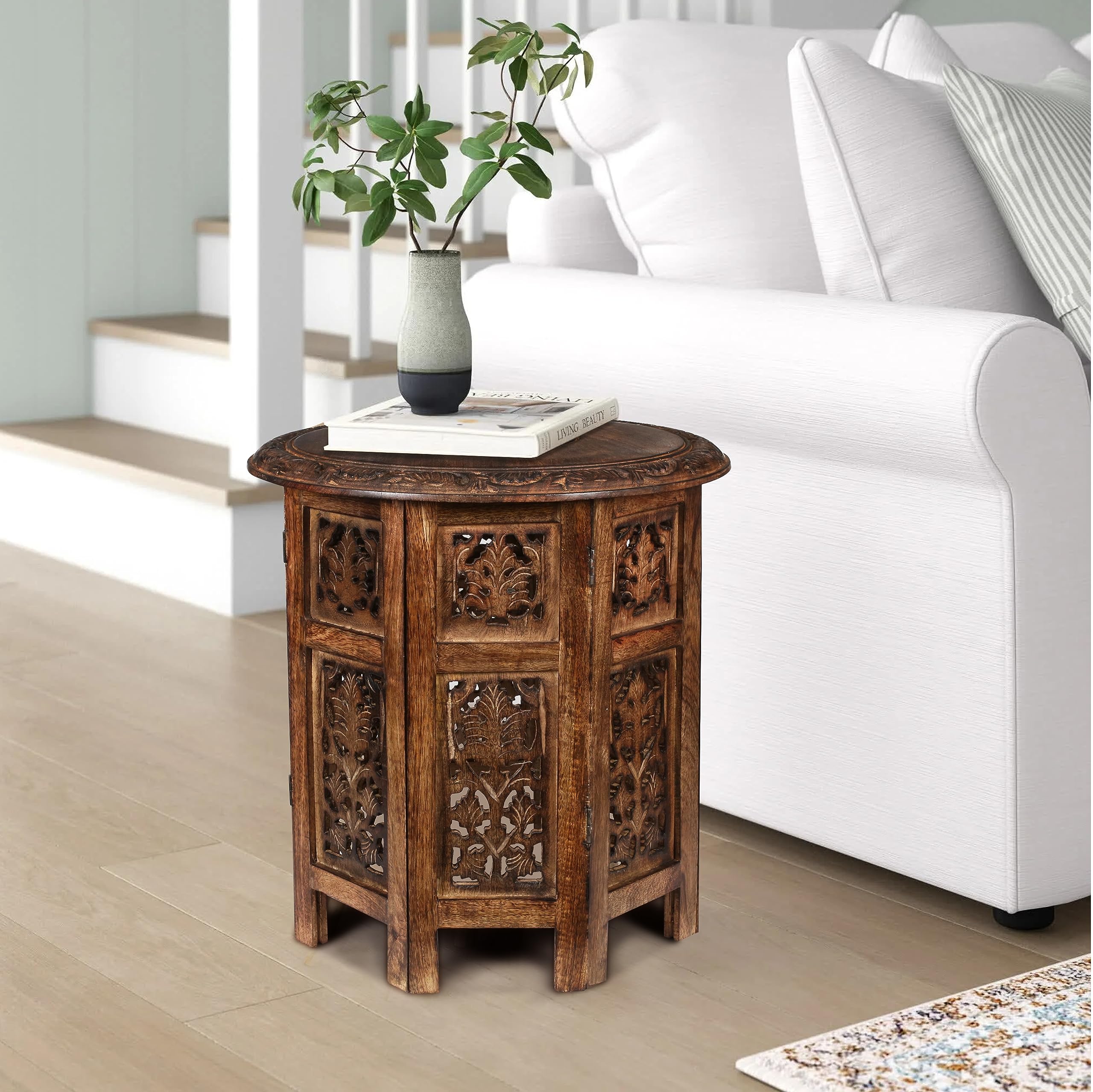 Handcrafted Wooden Round Side Table - Farmhouse Coffee Table, Vintage Accent End Table with Intricate Carvings for Living Room, 