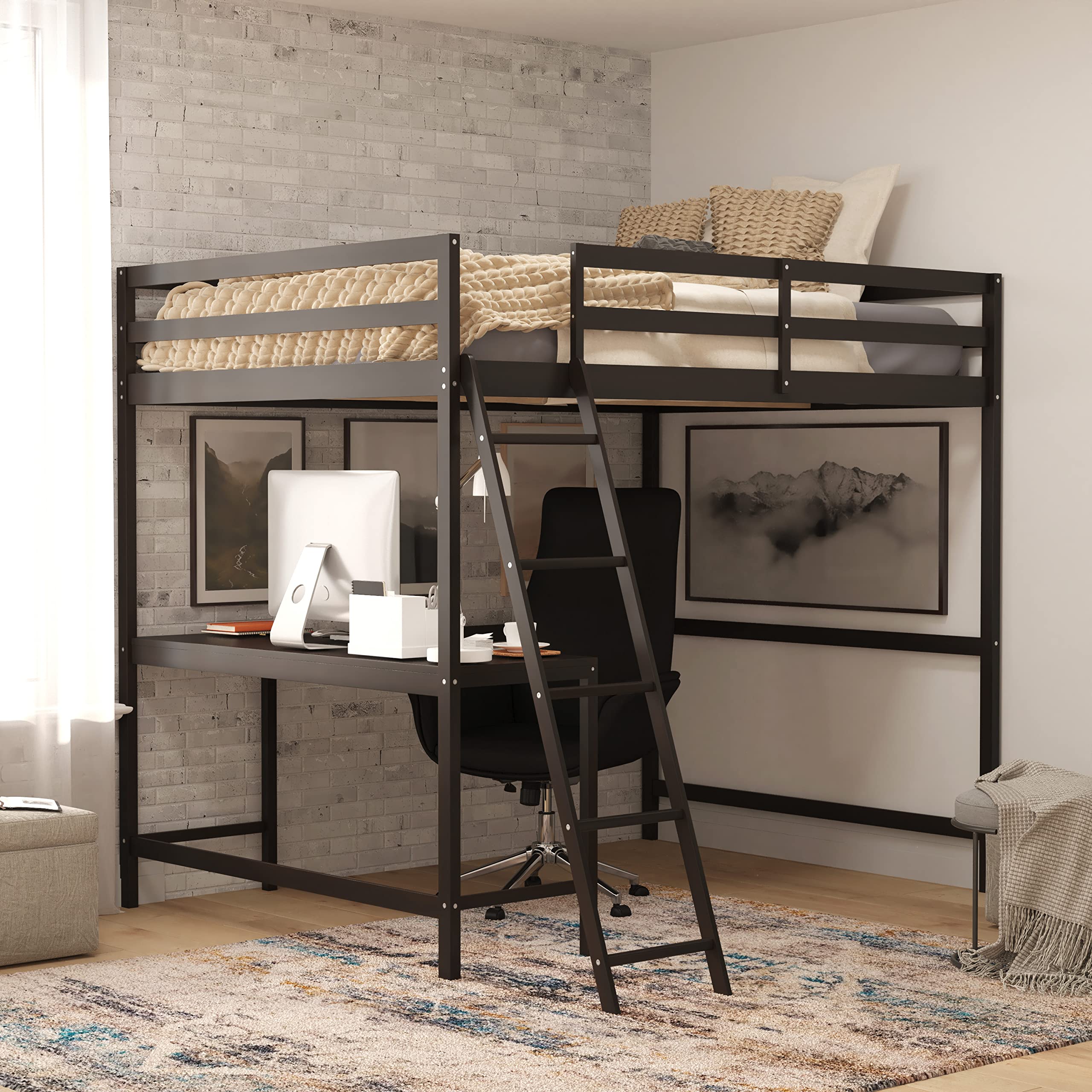 Flash Furniture Riley Loft Bed Frame with Desk - Espresso Wood Slats - Full Size - Protective Guard Rails & Ladder - Kids and Te