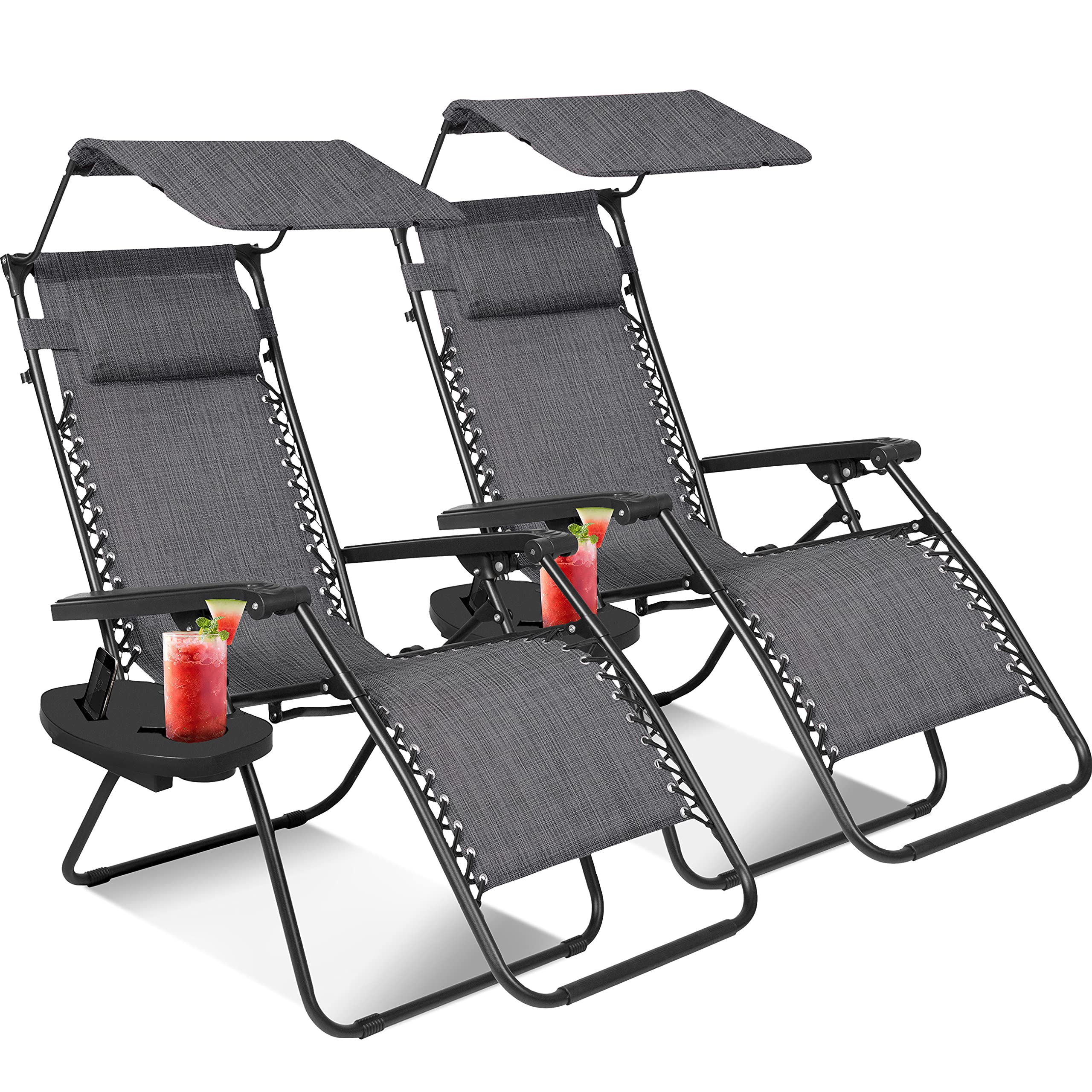 KEPLIN Zero Gravity Chairs Set of 2 with Canopy - Made of Textoline I Heavy Duty Lounger for Garden I Patio Sun Loungers I Foldi