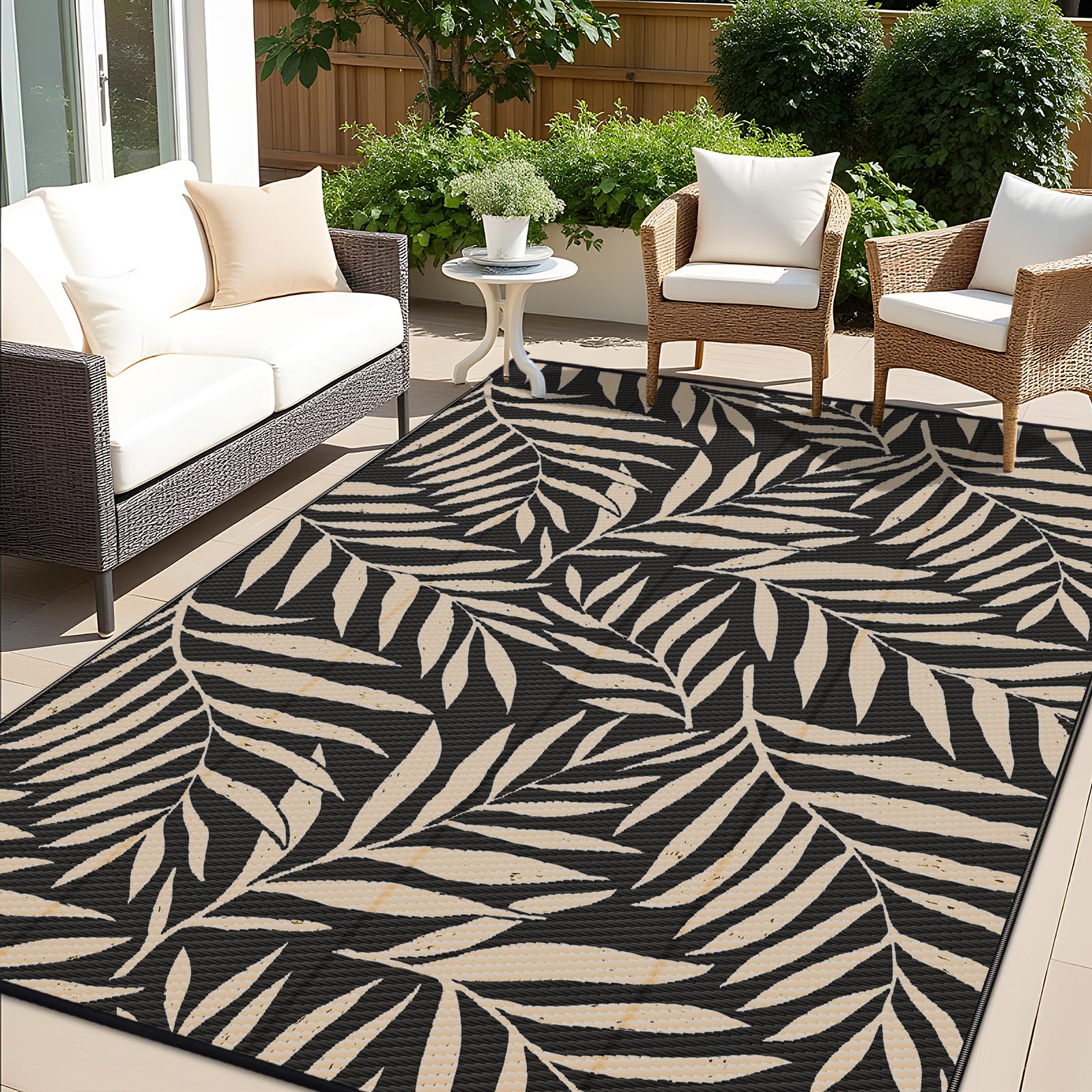 OLANLY Waterproof Outdoor Rug 8x10 ft, Reversible Outdoor Plastic Straw Rug with Leaf Pattern, RV Mat, Indoor Outdoor Carpet for