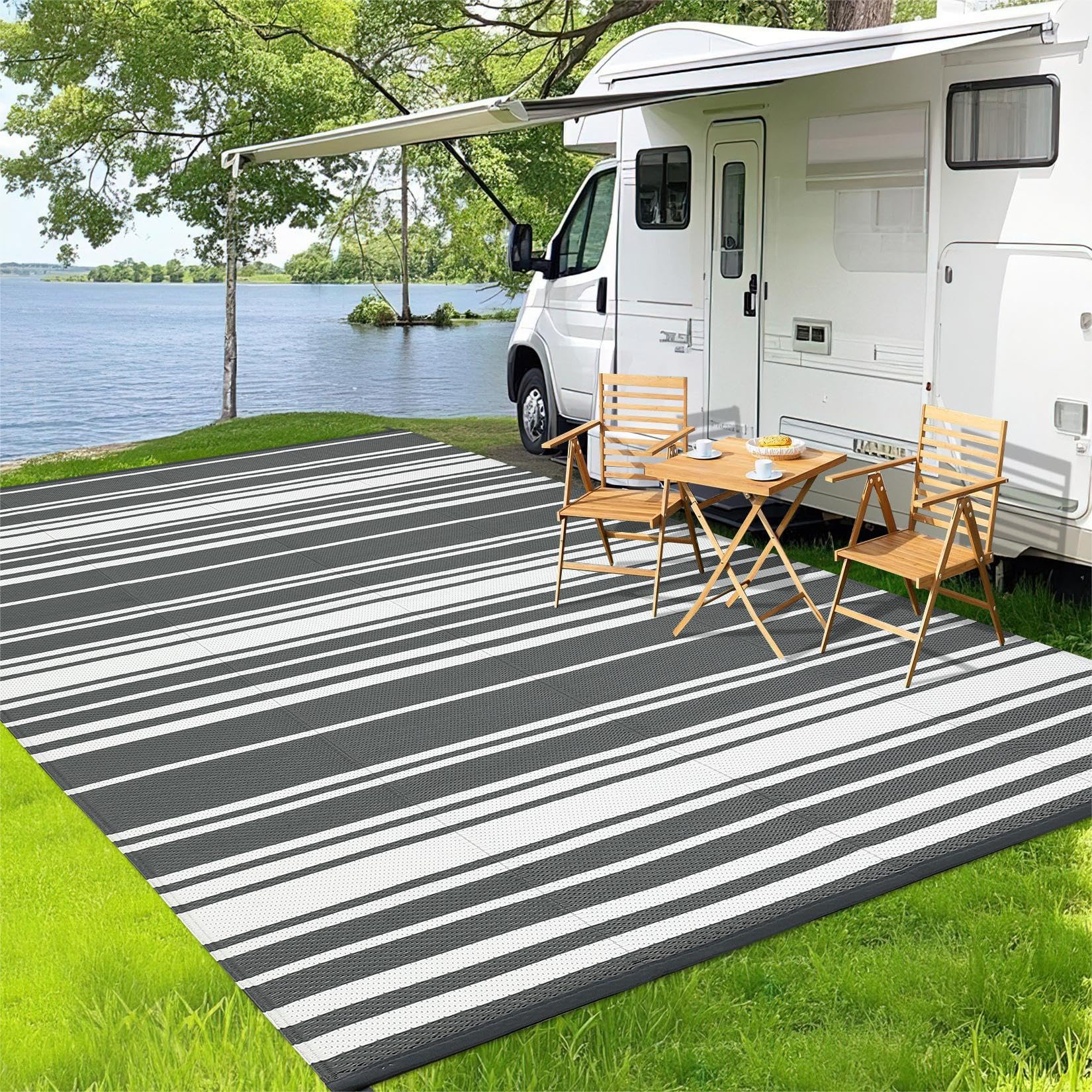 Outdoor Plastic Straw Rug 9x18 Waterproof Outside Rug, Large Modern Striped Reversible Floor Mats, Foldable & Lightweight Campin