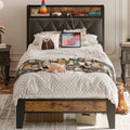 ANCTOR Twin Bed Frames, Storage Headboard with Outlets, Easy to Install, Sturdy and Stable, No Noise, No Box Springs Needed - Pe