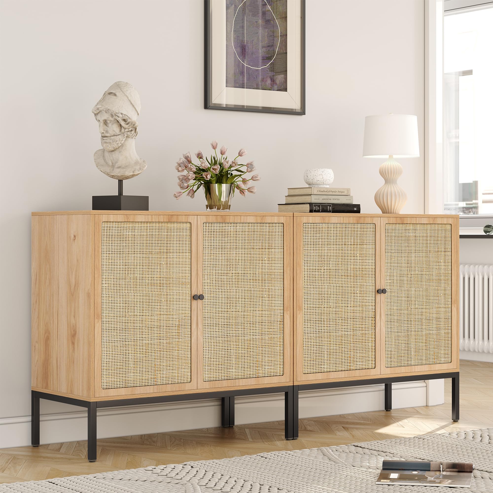 Yechen Set of 2 Rattan Sideboard Cabinet with Storage, 31.5  W Boho Buffet Cabinet with 2 Doors, Accent Furniture for Living Roo
