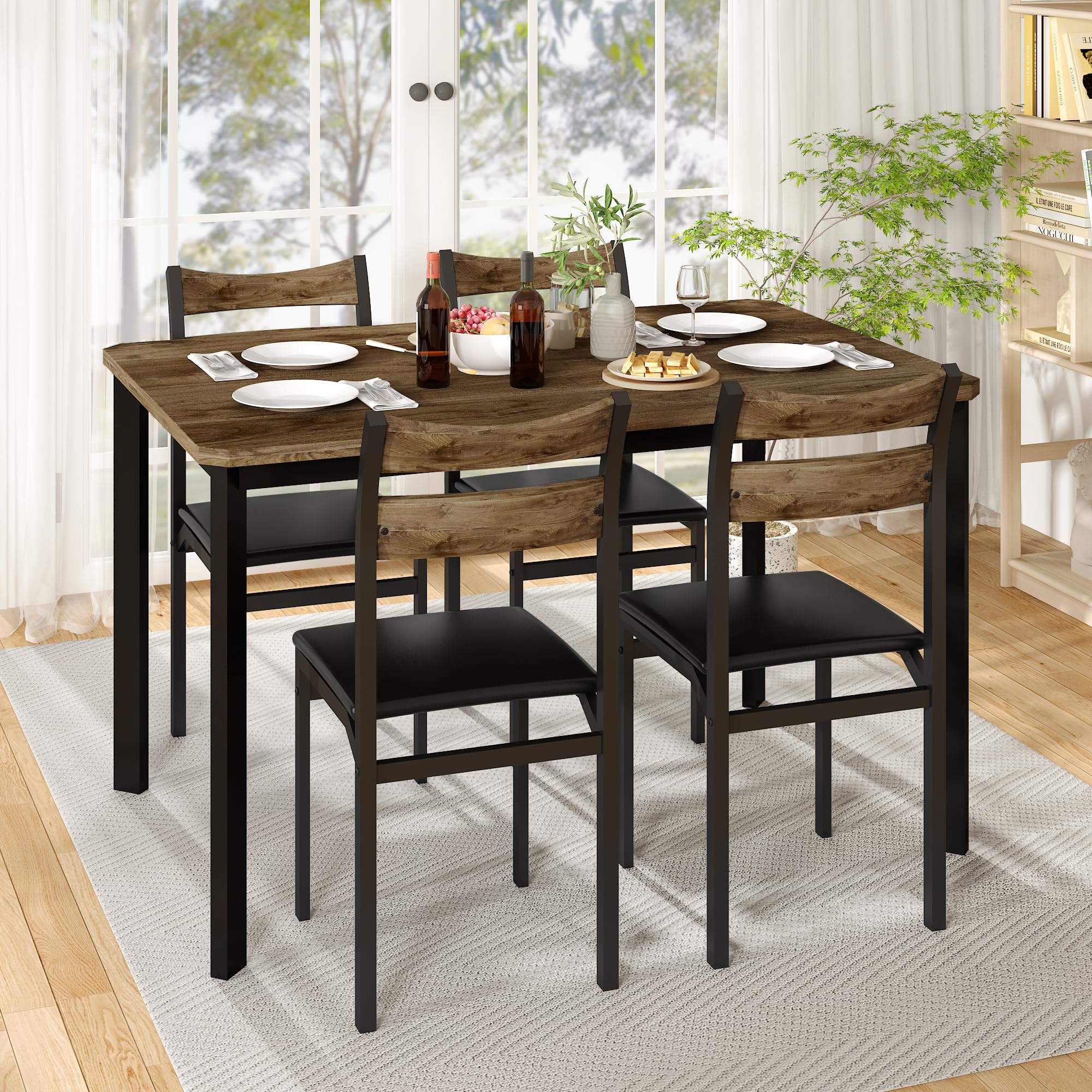 Recaceik Dining Table Set for 4, Kitchen Table Chairs Set of 4,Dining Room Wood Table Set with 4 Upholstered Pu Leather Chairs, 
