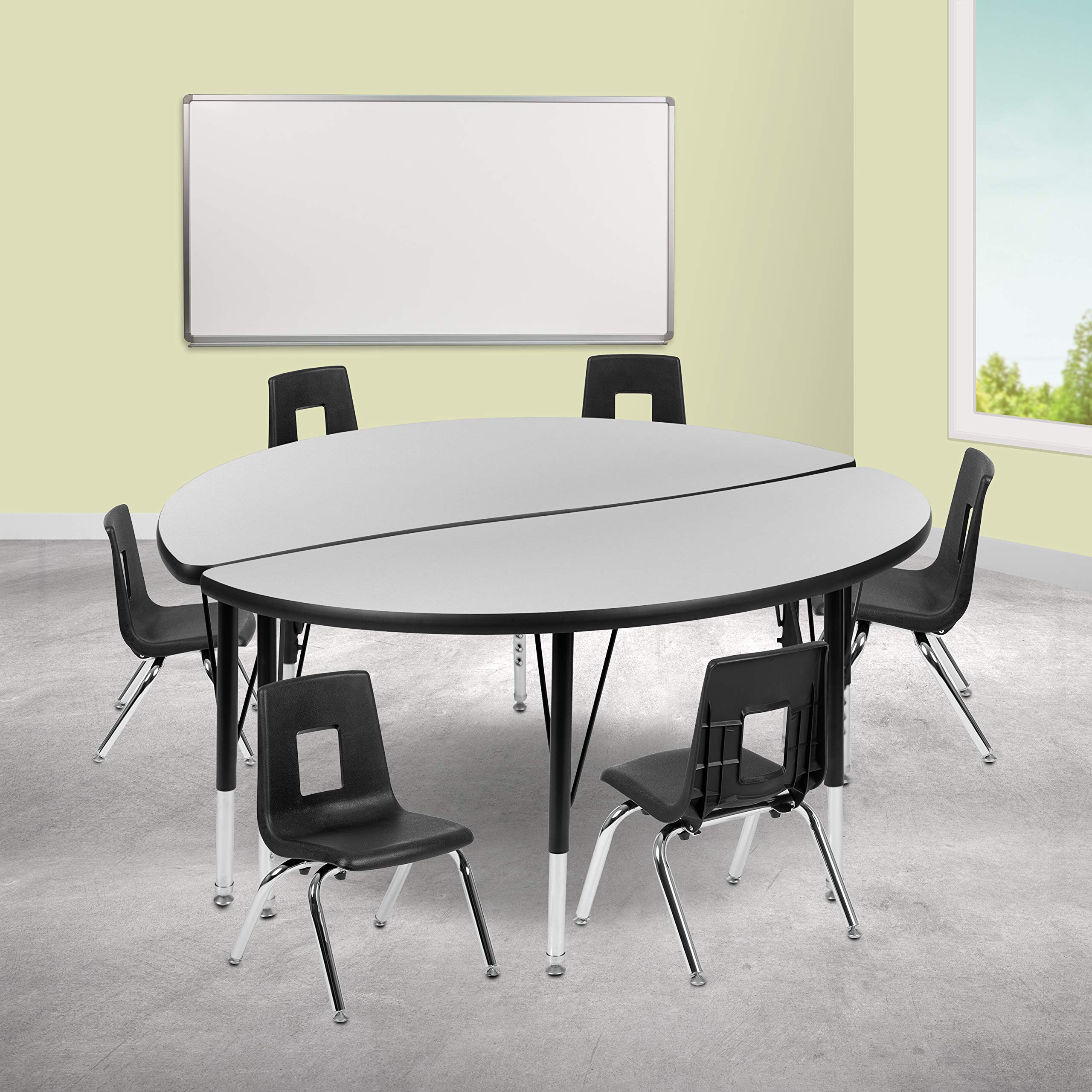 Flash Furniture Emmy 47.5 Circle Wave Flexible Laminate Activity Table Set with 12 Student Stack Chairs, Grey/Black