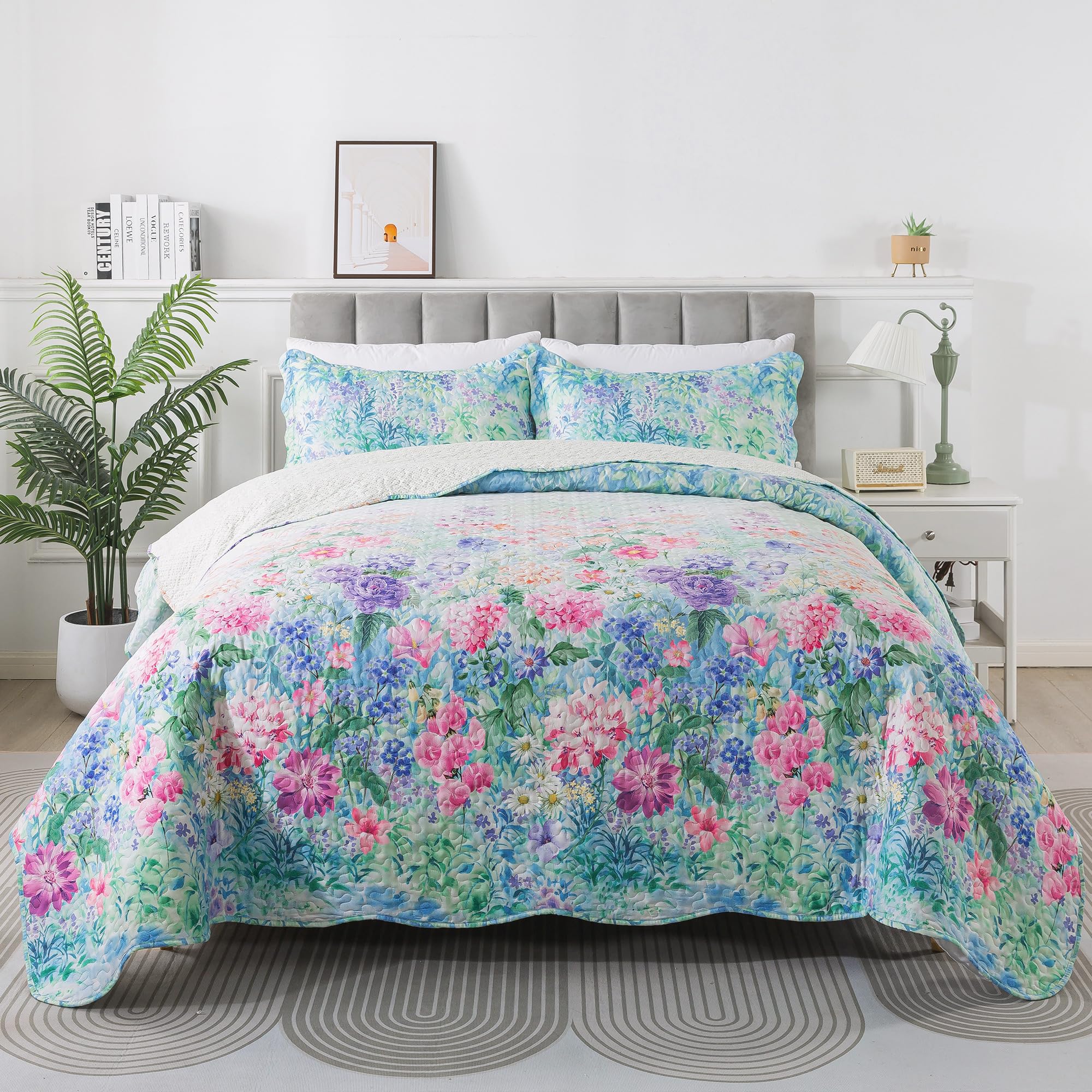 HoneiLife Queen Quilt Bedding Set - Floral Quilt Sets for Queen Bed, 3-Piece Wildflower Bedspreads,Botanical Coverlets Bed Cover