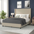 Flash Furniture Quinn Upholstered Platform Bed - Beige Channel Stitched Wingback Headboard - Queen - Mattress Foundation with Sl