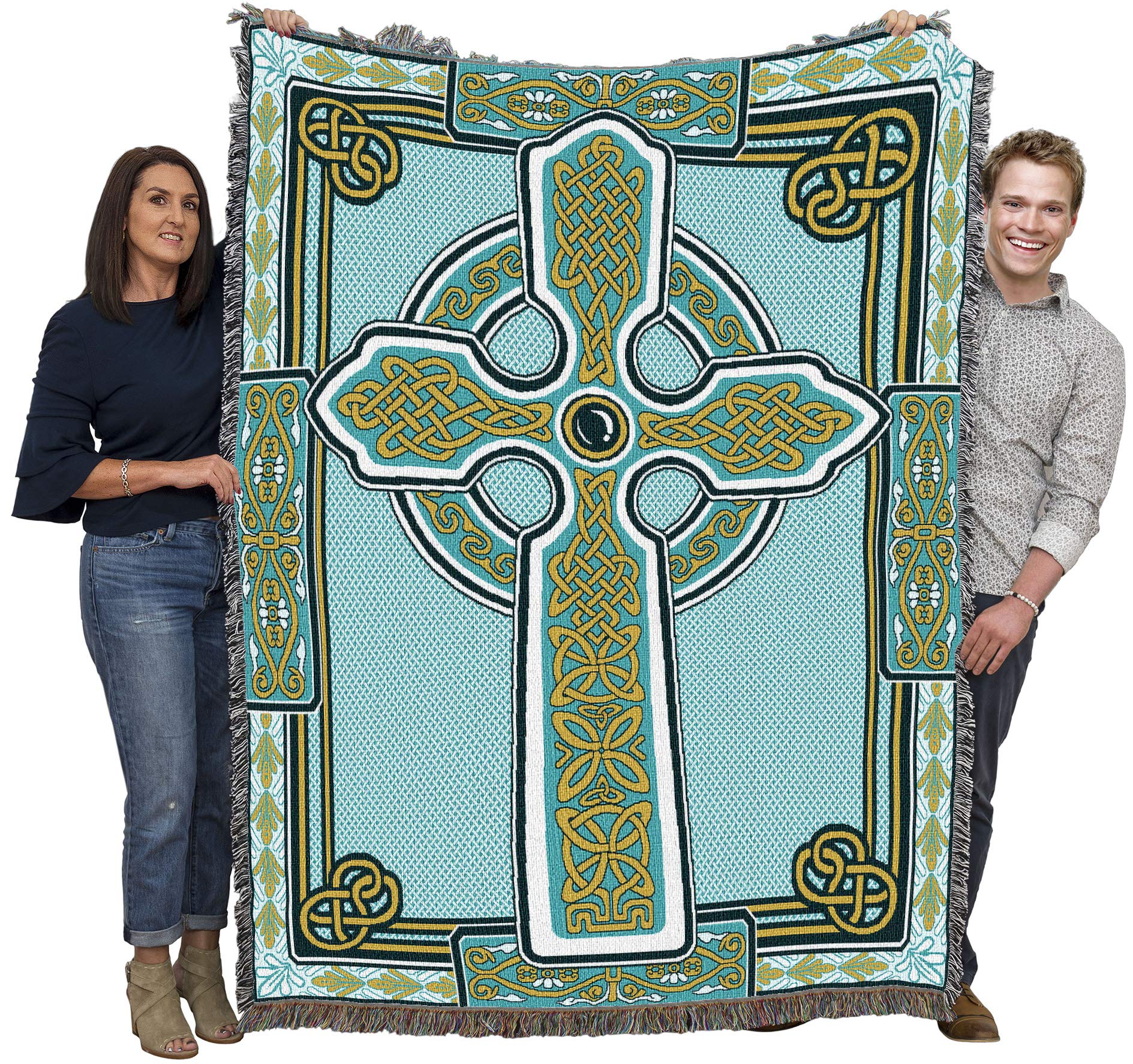 Pure Country Weavers Celtic Knots Cross Blanket - Teal - Gift Tapestry Throw Woven from Cotton - Made in The USA (72x54)