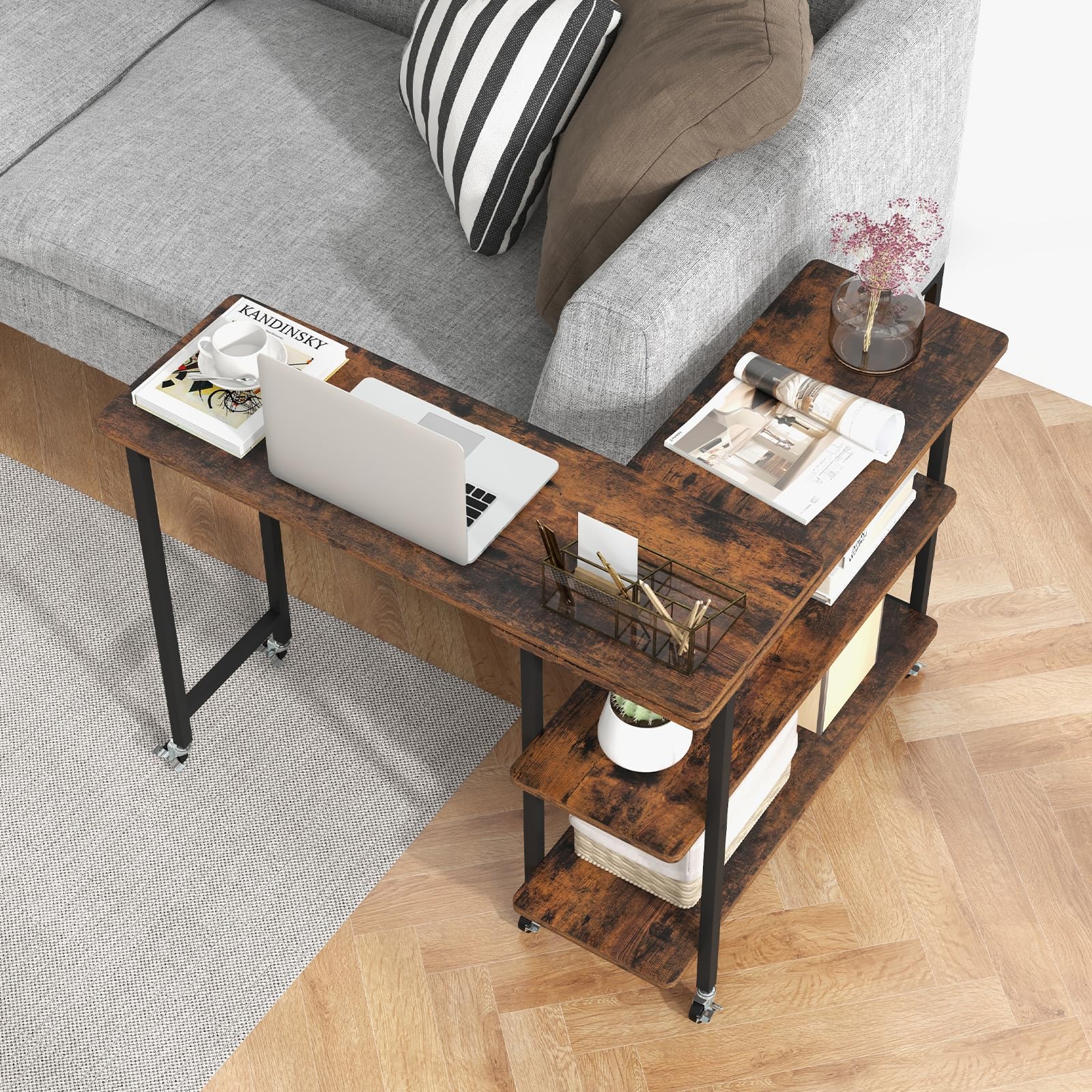 Tangkula 360 Rotating Sofa Side Table, Patented Mobile End Table with 2-Tier Storage Shelves, Swivel Rolling Desk with 6 Lockabl